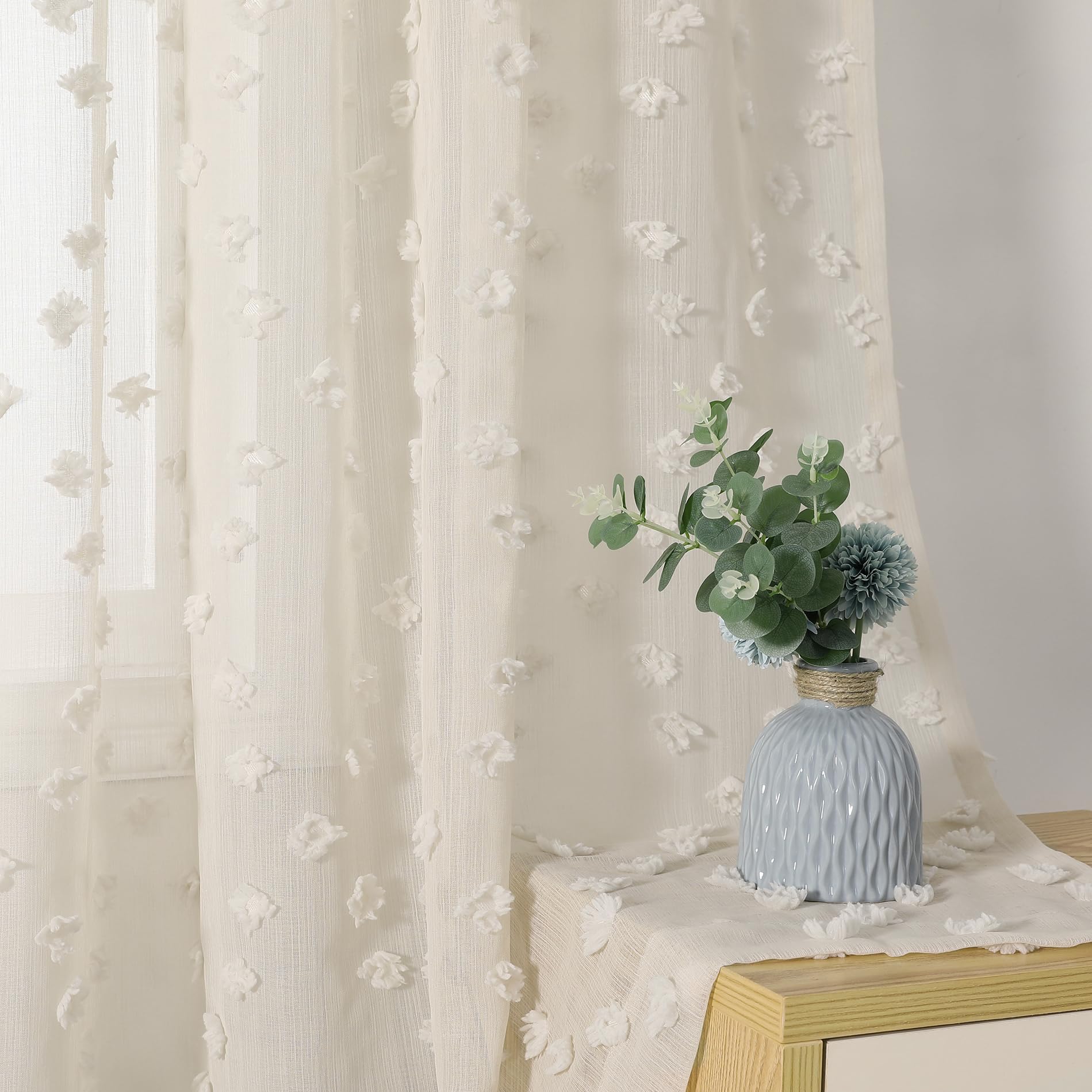 2 Panels 52"W x 84"L Dusty Rose Pom Pom Sheer Curtains Rod Pocket Light Filtering Boho Window Drapes for Girls Bedroom Nursery Kids Room