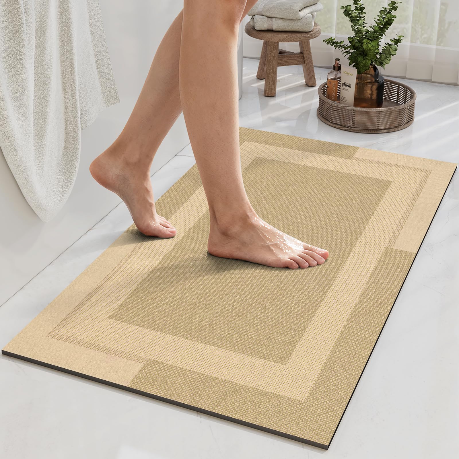 YDKGL Non Slip Bath Mat, Rubber Backing Ultra Thin Bathroom Rugs Fit Under Door Quick Dry Super Absorbent Washable Bath Rug Shower Mat for Bathroom Floor Bathtub Shower Sink, Easy Care Gray 16"x 24"