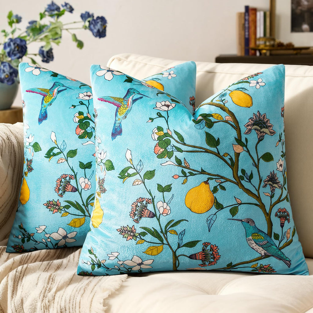 Mustard Yellow Floral Pillow Covers 18x18 Set of 2, Velvet Wild Flower Plant Throw Pillows Case, Square Farmhouse Decor Cushion Covers for Home Sofa Bed Couch