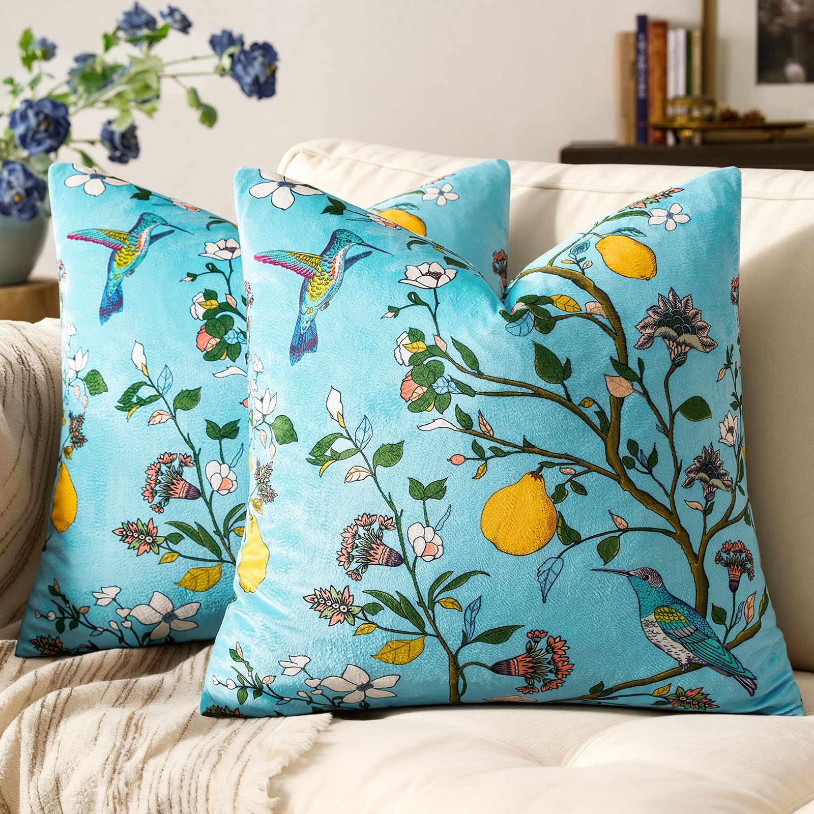 Mustard Yellow Floral Pillow Covers 18x18 Set of 2, Velvet Wild Flower Plant Throw Pillows Case, Square Farmhouse Decor Cushion Covers for Home Sofa Bed Couch