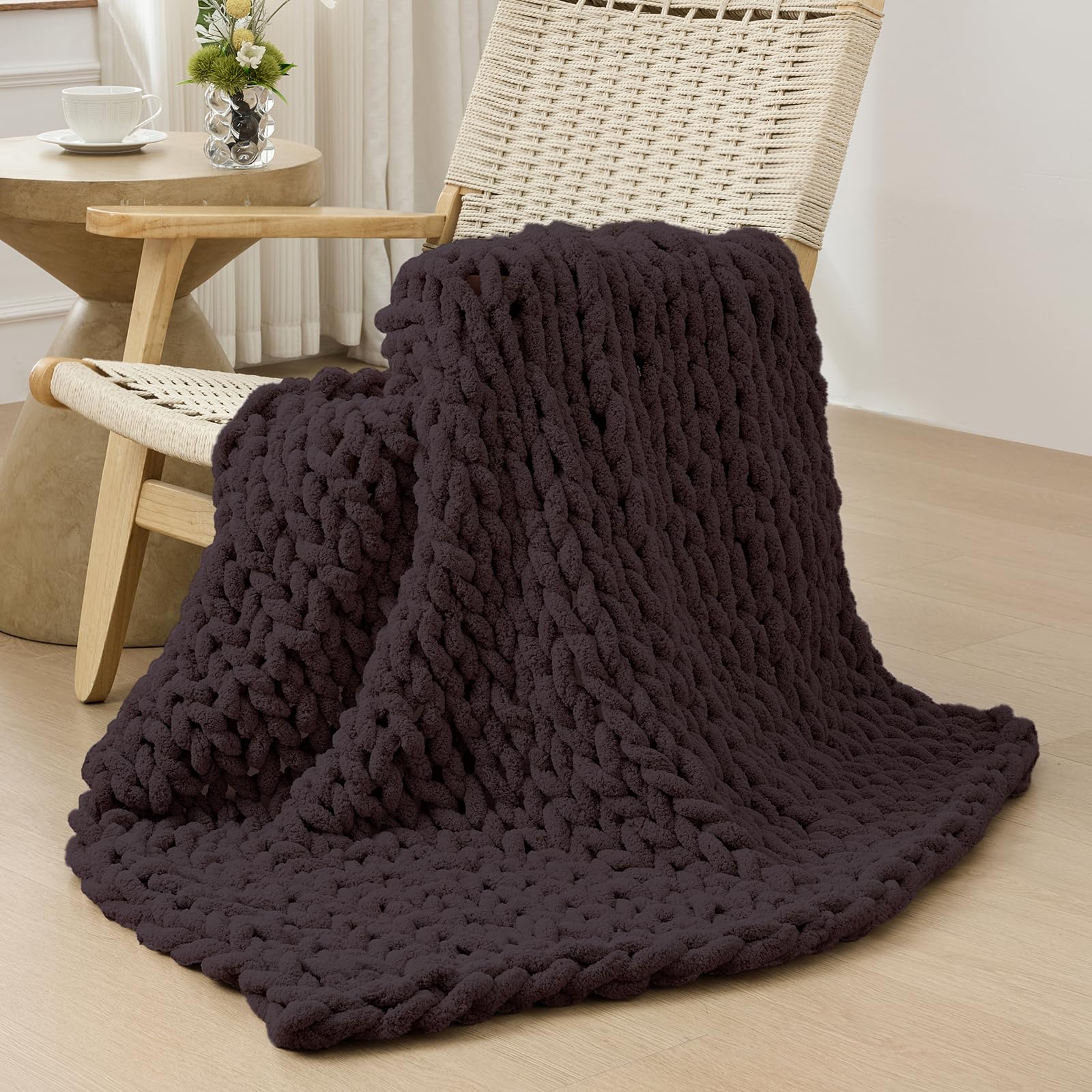 Bigacogo Chunky Knit Throw Blanket for Couch, 40x40 inches, 100% Hand Knitted with Thick Jumbo Chenille Yarn, Cozy Soft Large Rope Knot Cable Crochet Blankets for Sofa Bed Living Room, Dusty Blue
