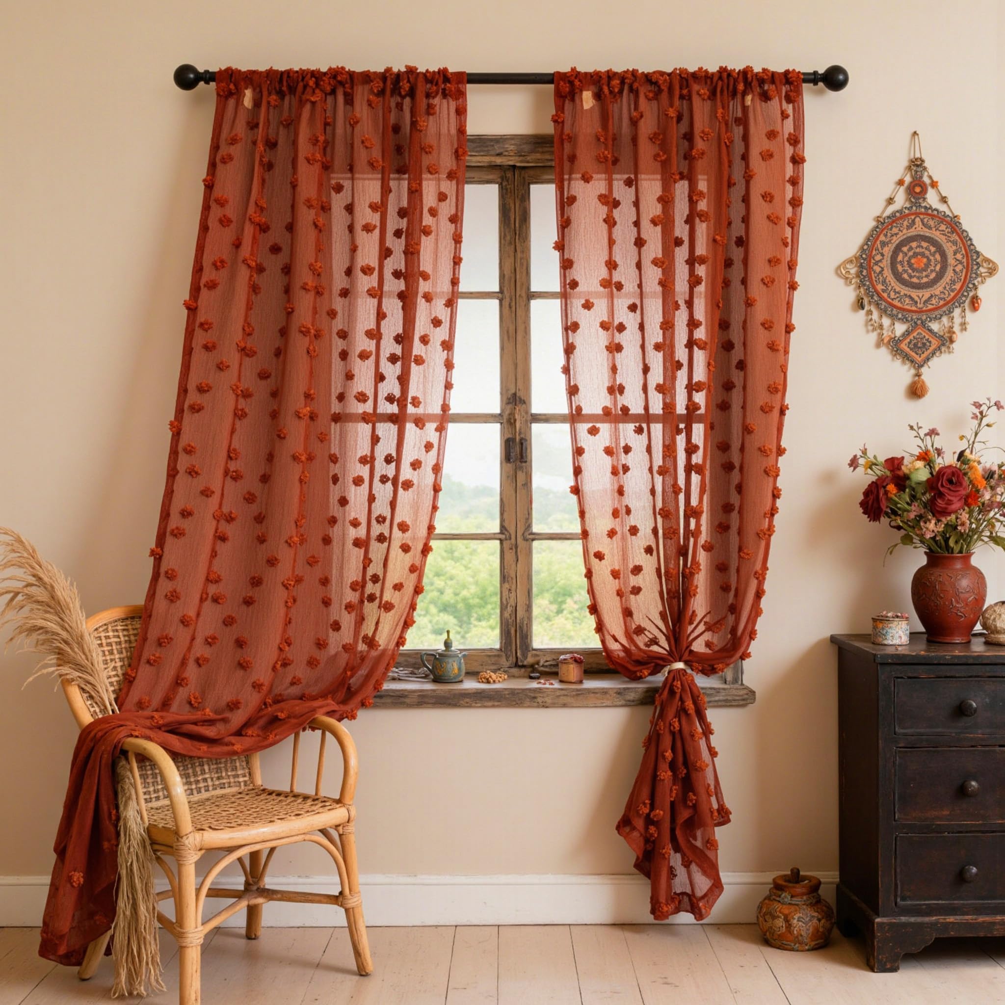2 Panels 52"W x 84"L Dusty Rose Pom Pom Sheer Curtains Rod Pocket Light Filtering Boho Window Drapes for Girls Bedroom Nursery Kids Room
