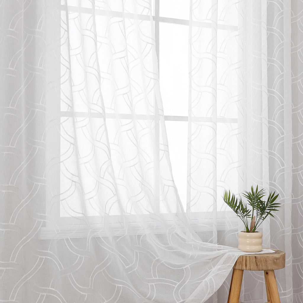 VISIONTEX White Sheer Curtains 84 Inches Long 2 Panels, Light Filtering Grey Moroccan Trellis Embroidered Semi Sheer Voile Drapes, Rod Pocket Textured Window Curtain for Bedroom Living Room 54W x 84L