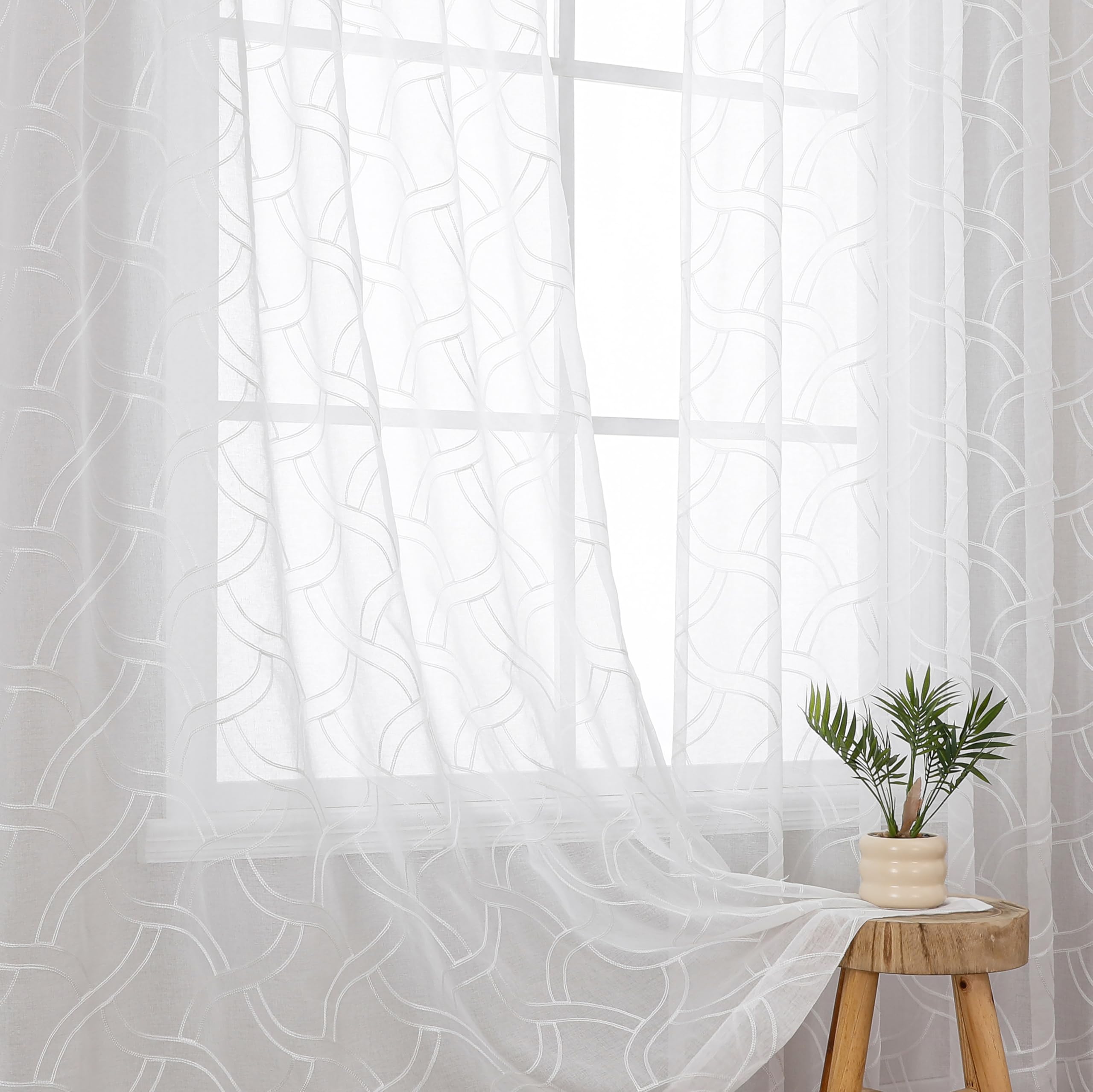 VISIONTEX White Sheer Curtains 84 Inches Long 2 Panels, Light Filtering Grey Moroccan Trellis Embroidered Semi Sheer Voile Drapes, Rod Pocket Textured Window Curtain for Bedroom Living Room 54W x 84L
