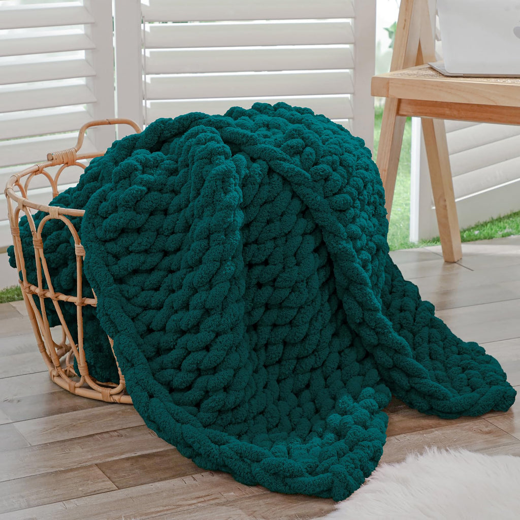 Bigacogo Chunky Knit Throw Blanket for Couch, 40x40 inches, 100% Hand Knitted with Thick Jumbo Chenille Yarn, Cozy Soft Large Rope Knot Cable Crochet Blankets for Sofa Bed Living Room, Dusty Blue