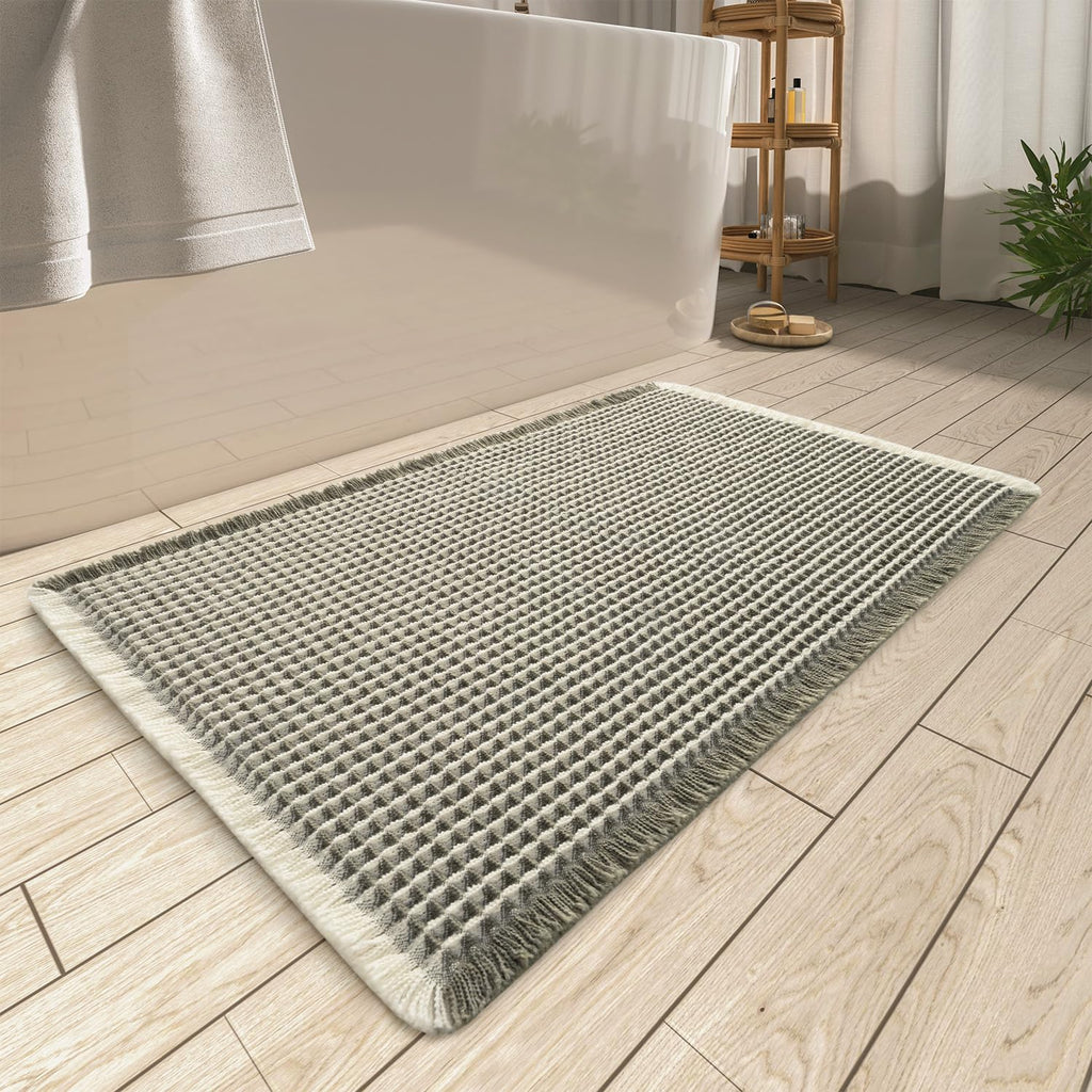 AMOAMI Upgraded Waffle Bath Mat, Super Absorbent Non Slip Bath Mats for Bathroom Floor, Machine Washable Bathroom Rugs with Tassels, Rubber Backed Bathroom Mats, Ultra Soft, 17" x 24", Brown