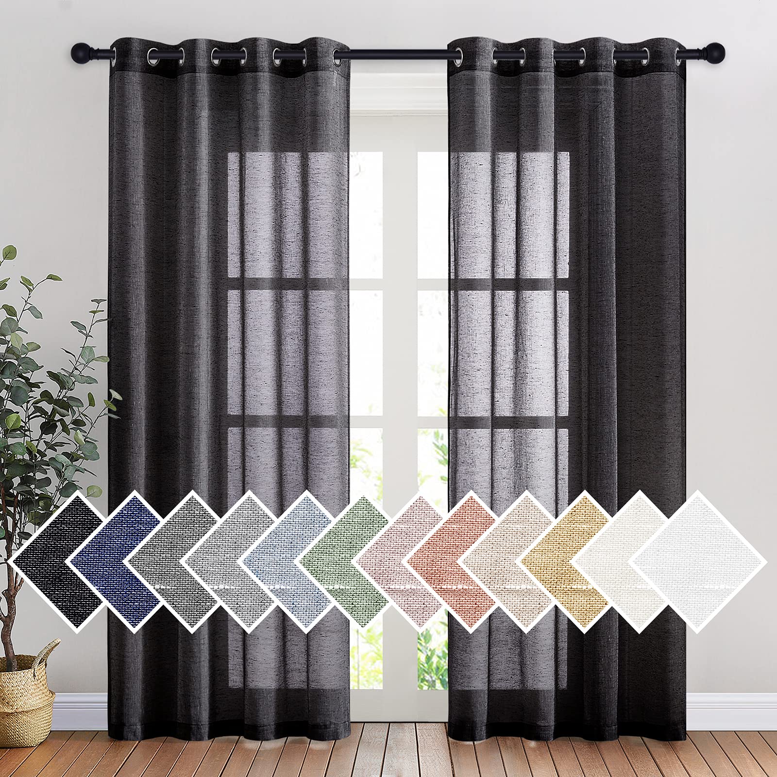 NICETOWN Linen Textured Semi Sheer Curtains 84 inches Length, Eyelet Top Bedroom Window Privacy Translucent Light Filtering Flax Sheer Drapes for Guest Room, 52 inches Wide, 2 Panels, Sea Mist