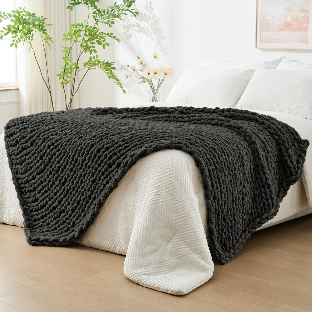 Bigacogo Chunky Knit Throw Blanket for Couch, 40x40 inches, 100% Hand Knitted with Thick Jumbo Chenille Yarn, Cozy Soft Large Rope Knot Cable Crochet Blankets for Sofa Bed Living Room, Dusty Blue