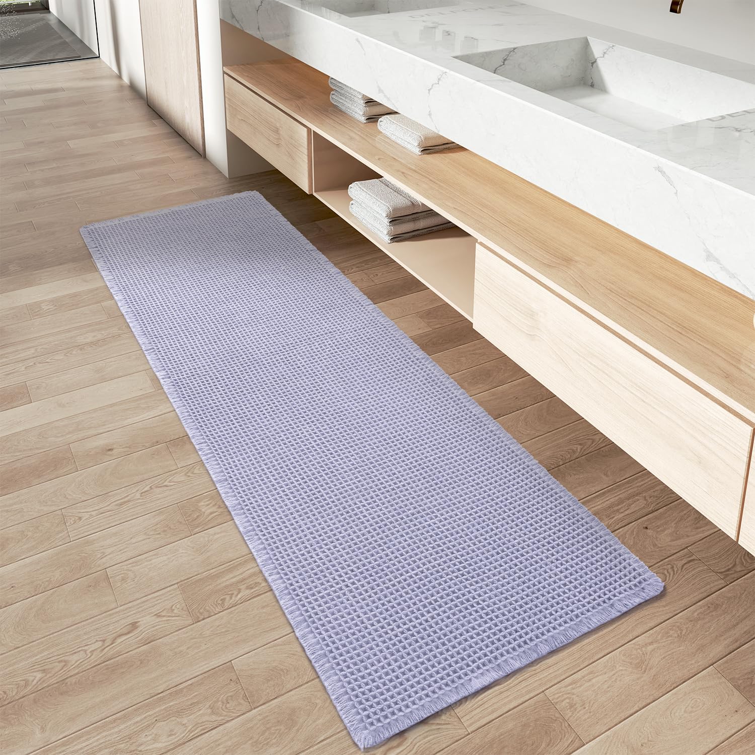 AMOAMI Upgraded Waffle Bath Mat, Super Absorbent Non Slip Bath Mats for Bathroom Floor, Machine Washable Bathroom Rugs with Tassels, Rubber Backed Bathroom Mats, Ultra Soft, 17" x 24", Brown