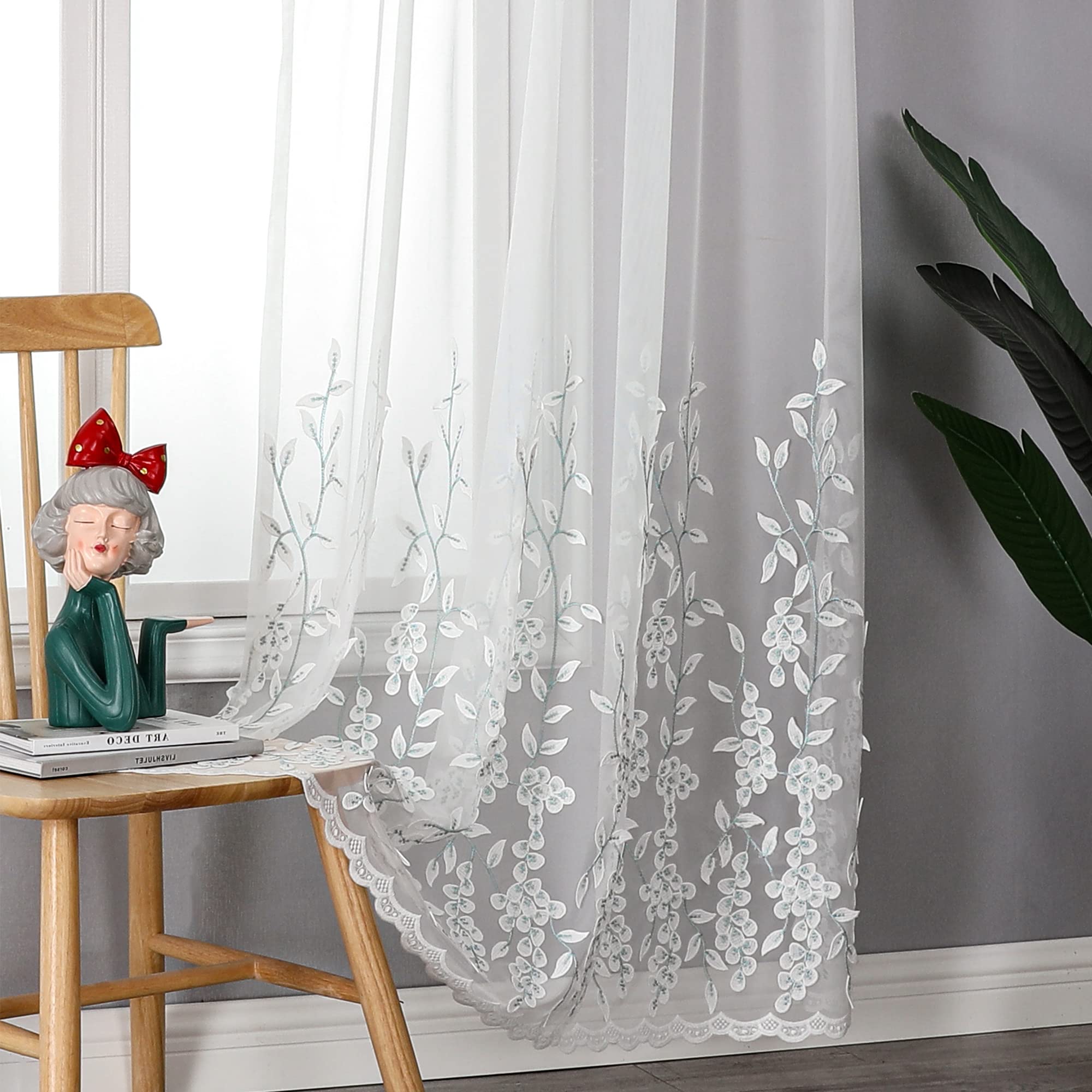 VISIONTEX 2 Panels Sheer Curtains 84 Inches Long, Cream Beige Floral Leaf Embroidered Semi Sheer Voile Curtains, Rod Pocket Light Filtering Window Drapes for Bedroom Living Room 54W x 84L