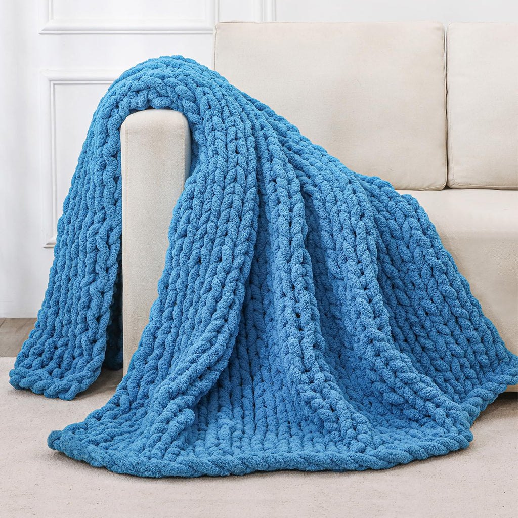 Bigacogo Chunky Knit Throw Blanket for Couch, 40x40 inches, 100% Hand Knitted with Thick Jumbo Chenille Yarn, Cozy Soft Large Rope Knot Cable Crochet Blankets for Sofa Bed Living Room, Dusty Blue