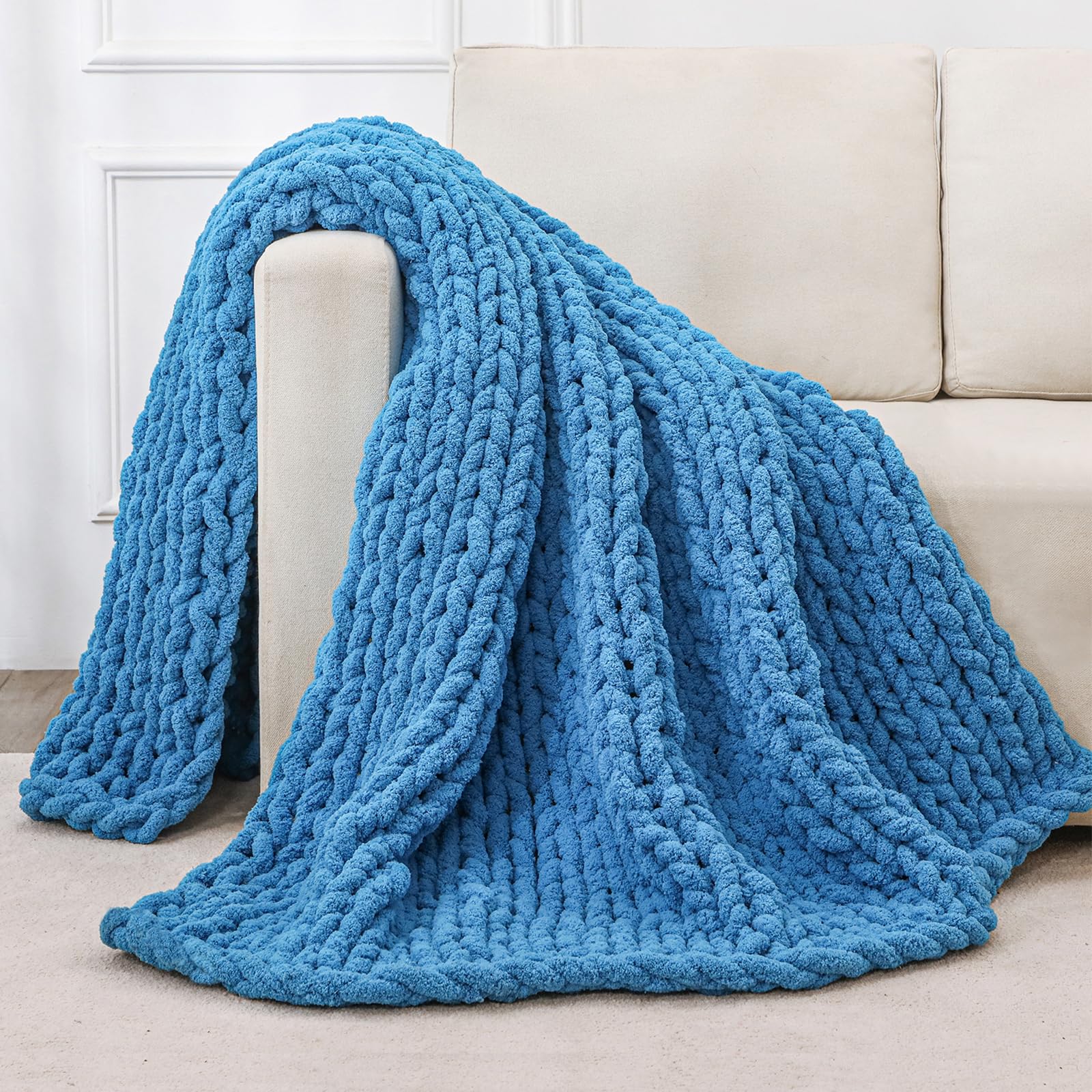 Bigacogo Chunky Knit Throw Blanket for Couch, 40x40 inches, 100% Hand Knitted with Thick Jumbo Chenille Yarn, Cozy Soft Large Rope Knot Cable Crochet Blankets for Sofa Bed Living Room, Dusty Blue