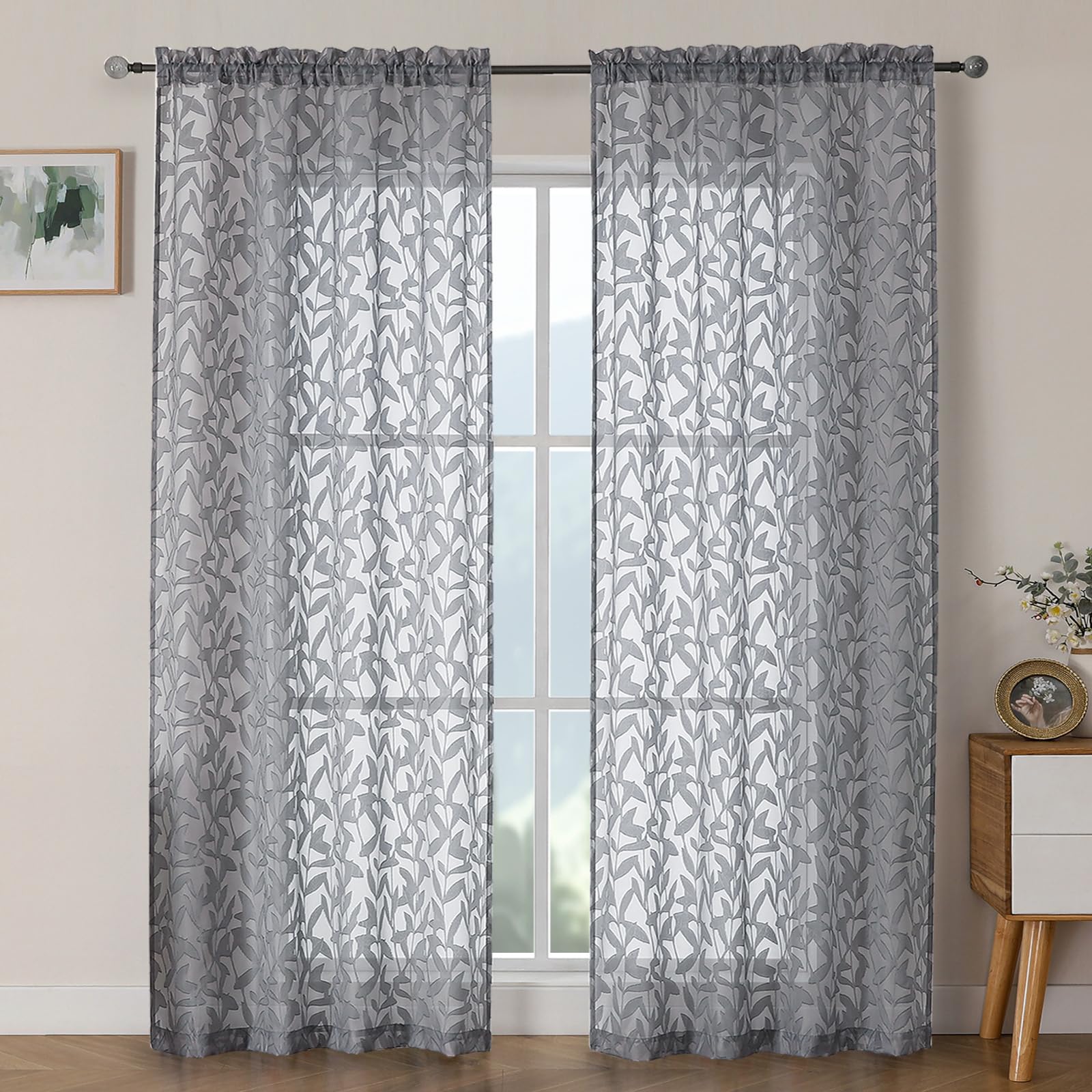 OWENIE Leyna 2 Panels Sage Green Sheer Curtains 63 Inch Length for Bedroom, Soft Lightweight Jacquard Clip Window Curtain for Living Room, Double Rod Pockets Textured Drapes, Each 40Wx63L Inches