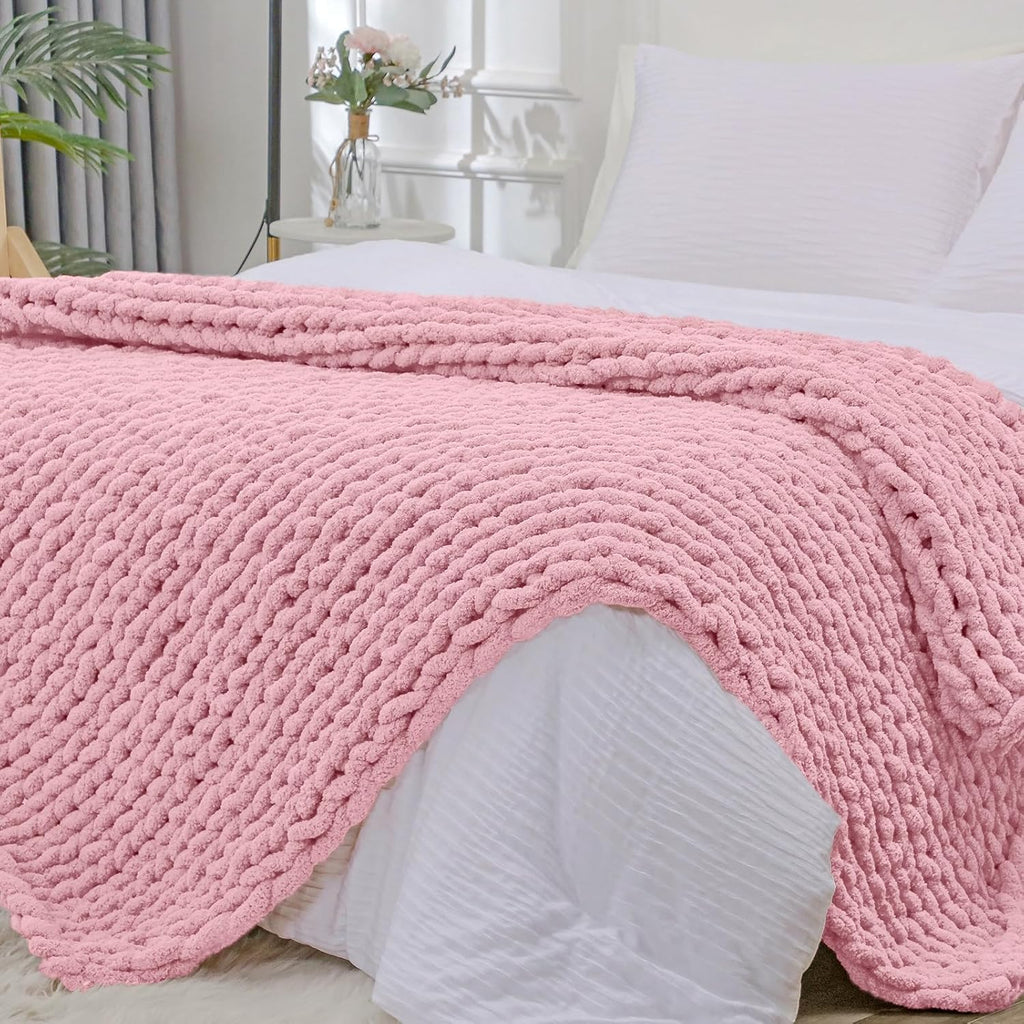 Bigacogo Chunky Knit Throw Blanket for Couch, 40x60 inches, 100% Hand Knitted with Thick Jumbo Chenille Yarn, Cozy Soft Large Rope Knot Cable Crochet Blankets for Sofa Bed Living Room, Beige