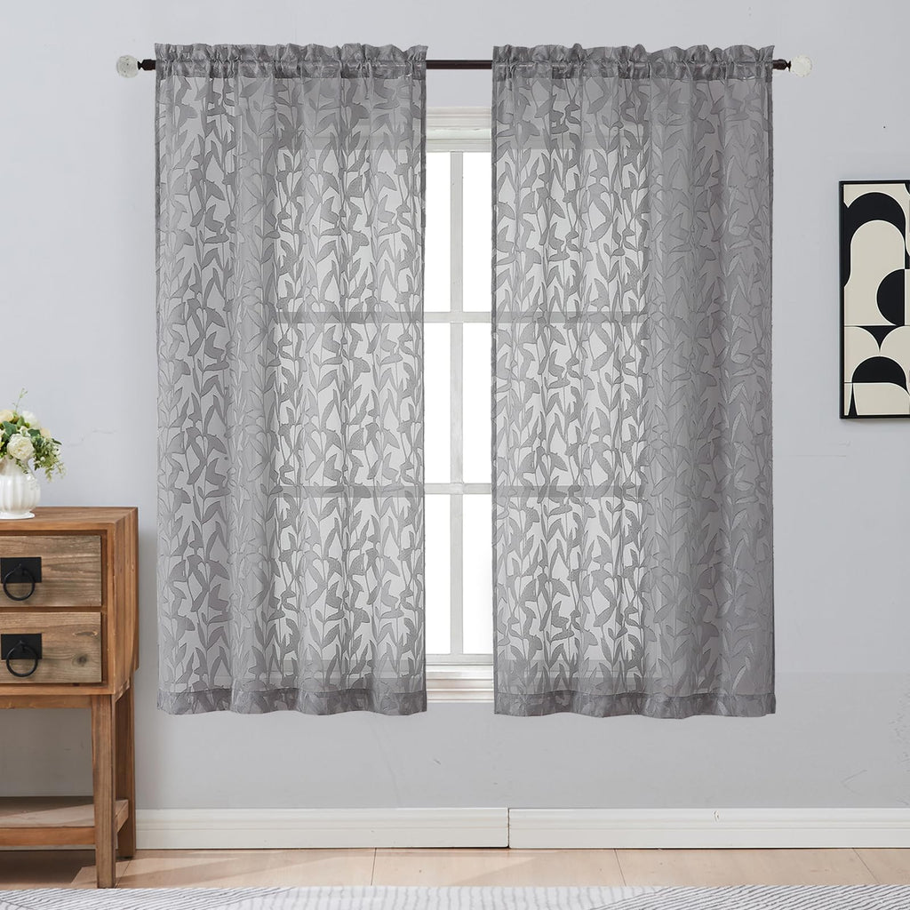 Gwine Sage Green Curtains 84 Inches Long 2 Panels Set, Light Filtering Soft Lightweight Sheer Curtains, Leaf Clip Jacquard Textured Curtain for Bedroom Living Room, 42Wx84L Inches, 2PCS