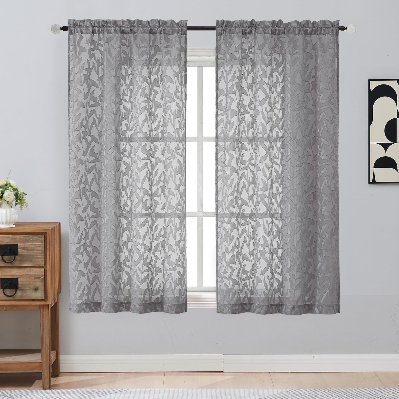 Gwine Sage Green Curtains 84 Inches Long 2 Panels Set, Light Filtering Soft Lightweight Sheer Curtains, Leaf Clip Jacquard Textured Curtain for Bedroom Living Room, 42Wx84L Inches, 2PCS