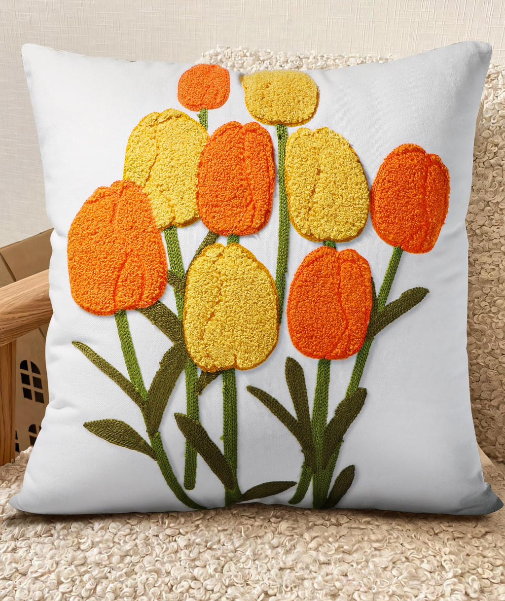 Embroidered Throw Pillow Cover - 18x18 Decorative Pillow Cover with Zipper Aesthetic Cute Design Boho Spring Summer Cozy Throw Pillowcase for Living Room Couch Sofa Bed, White Daisy