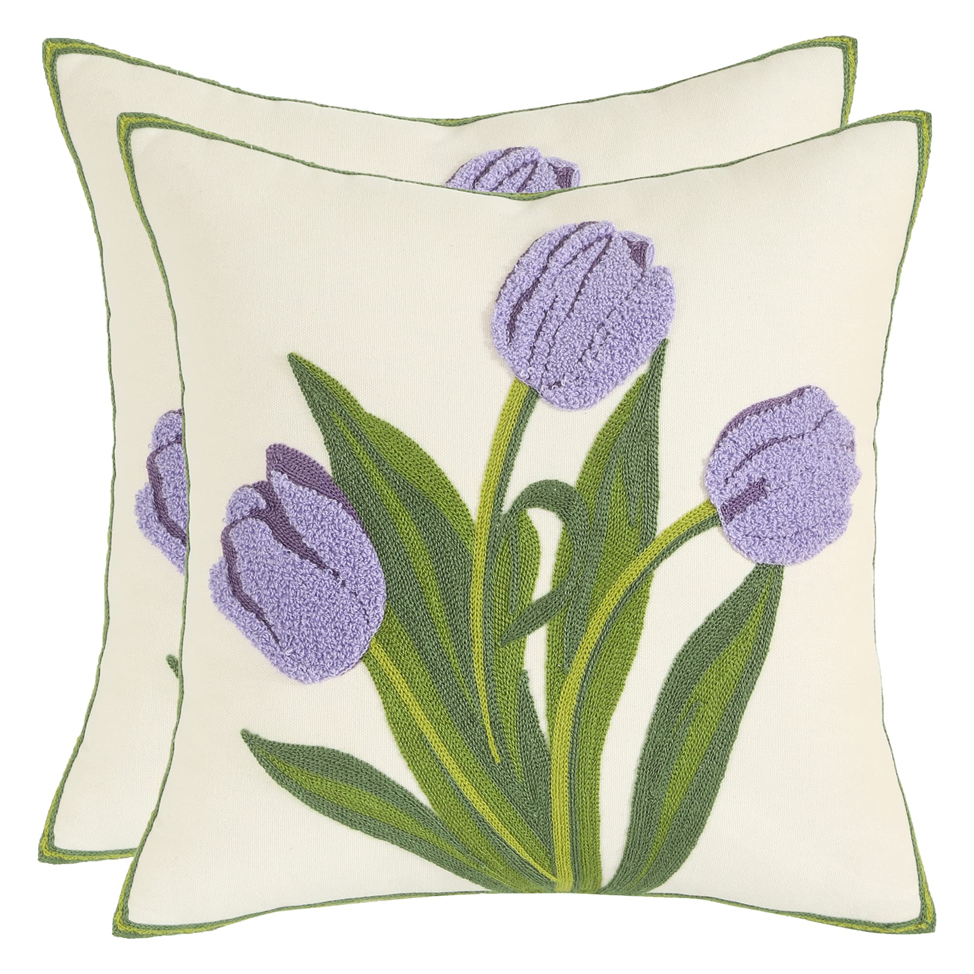 Pack of 2 18x18 Inch Embroidered Pink Tulip Green Leaves Tufted Throw Pillow Covers Square Floral Farmhouse Decor Cushion Cases