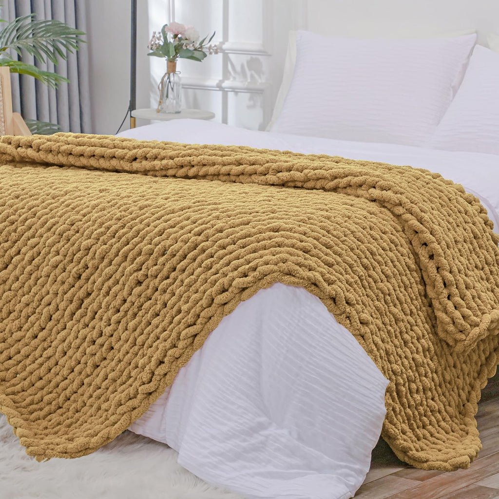 Bigacogo Chunky Knit Throw Blanket for Couch, 40x40 inches, 100% Hand Knitted with Thick Jumbo Chenille Yarn, Cozy Soft Large Rope Knot Cable Crochet Blankets for Sofa Bed Living Room, Dusty Blue