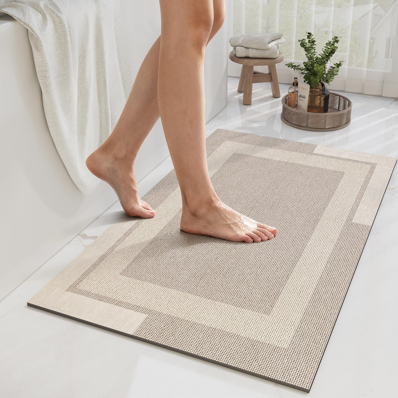 YDKGL Non Slip Bath Mat, Rubber Backing Ultra Thin Bathroom Rugs Fit Under Door Quick Dry Super Absorbent Washable Bath Rug Shower Mat for Bathroom Floor Bathtub Shower Sink, Easy Care Gray 16"x 24"