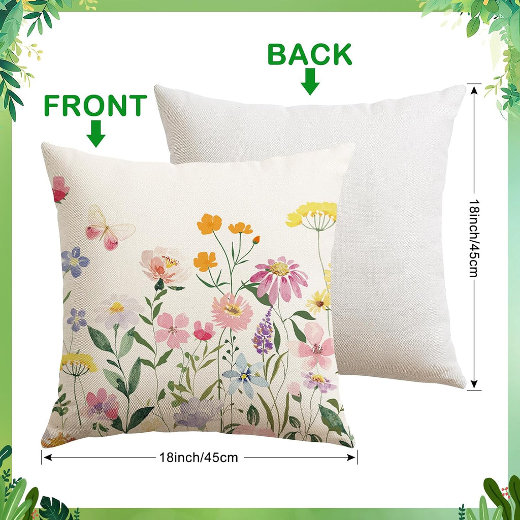 Artscope Spring Summer Floral Throw Pillow Covers 18x18 Inch Set of 2, Farmhouse Flower Butterfly Print Decorative Pillow Cases for Sofa Bed Room Home Decor- Flower A
