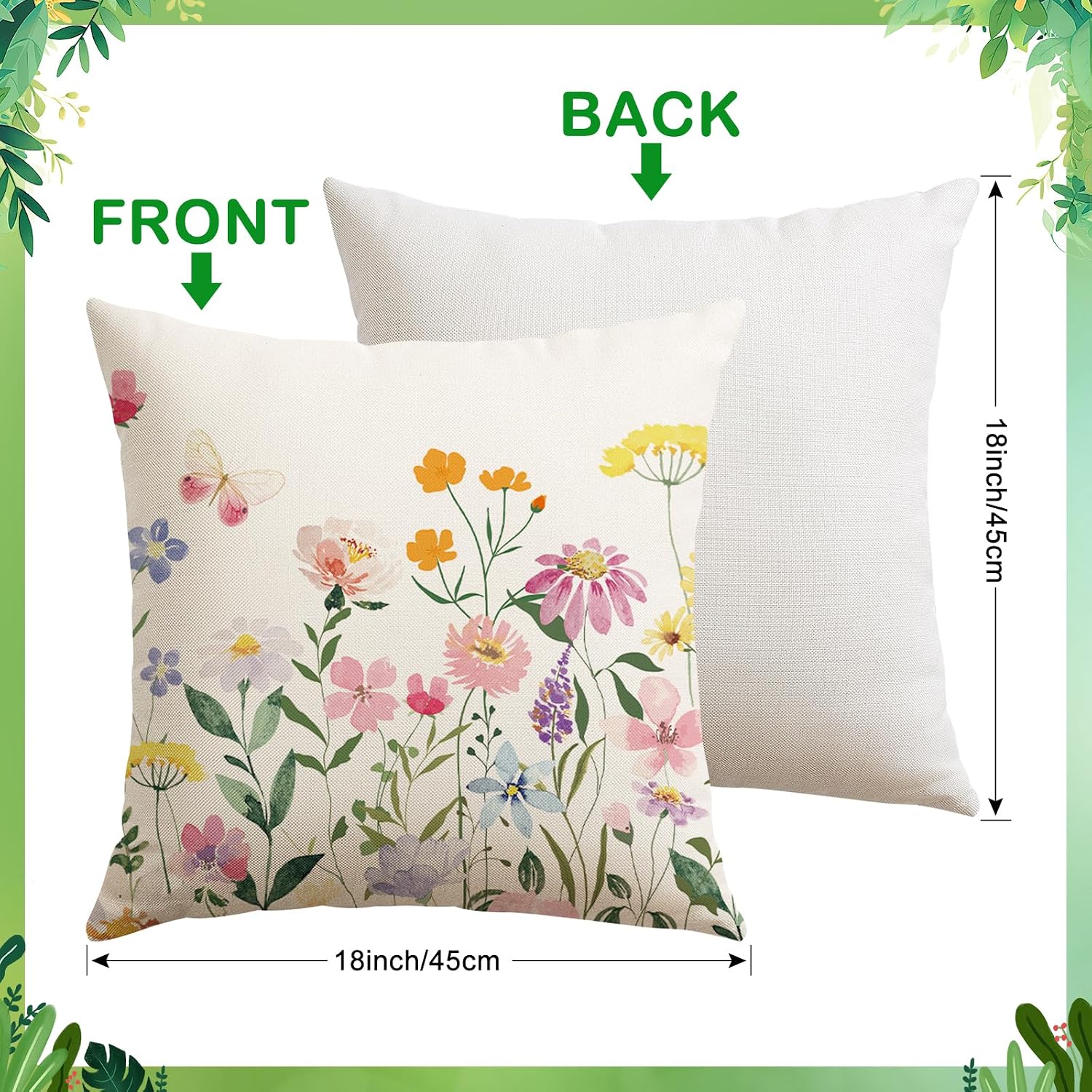 Artscope Spring Summer Floral Throw Pillow Covers 18x18 Inch Set of 2, Farmhouse Flower Butterfly Print Decorative Pillow Cases for Sofa Bed Room Home Decor- Flower A