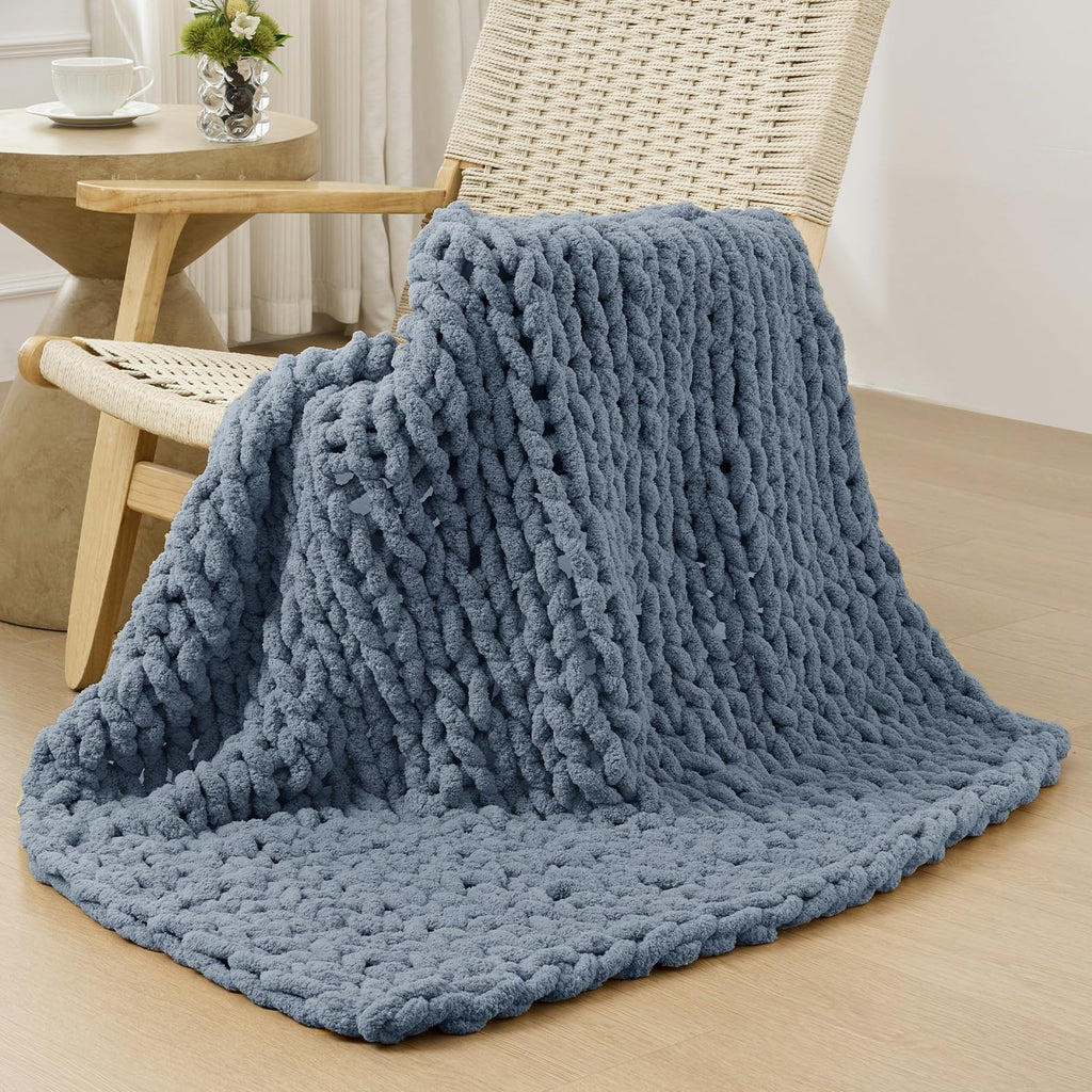 Bigacogo Chunky Knit Throw Blanket for Couch, 40x40 inches, 100% Hand Knitted with Thick Jumbo Chenille Yarn, Cozy Soft Large Rope Knot Cable Crochet Blankets for Sofa Bed Living Room, Dusty Blue
