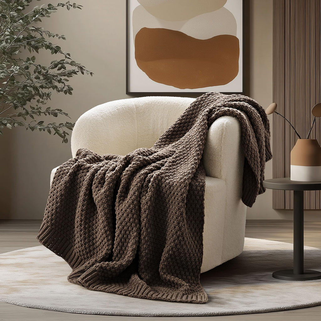 EVERGRACEHOME Chunky Chenille Knit Throw Blanket for Couch, Soft Luxurious Moss Stitch Blankets for Bed, Cozy Decorative Farmhouse Knitted Throws for Sofa, Sand Dune, 60" x 80"