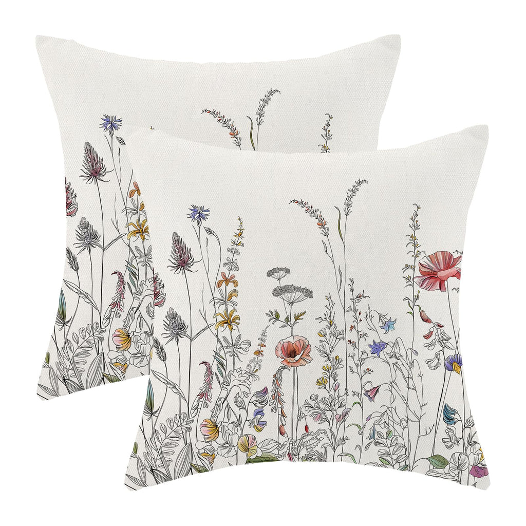 AEIOAE Spring Pillow Covers 18x18 Inch Set of 2,Sage Green Wild Flower Plant Throw Pillows Case,Seasonal Floral Outdoor Decorative Square Linen Farmhouse Decor Cushion Covers for Home Sofa Bed Couch