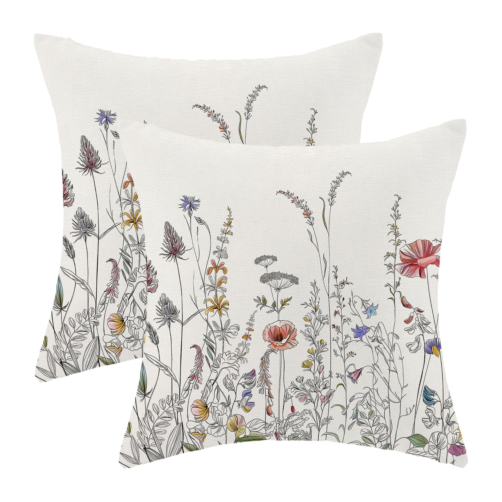AEIOAE Spring Pillow Covers 18x18 Inch Set of 2,Sage Green Wild Flower Plant Throw Pillows Case,Seasonal Floral Outdoor Decorative Square Linen Farmhouse Decor Cushion Covers for Home Sofa Bed Couch