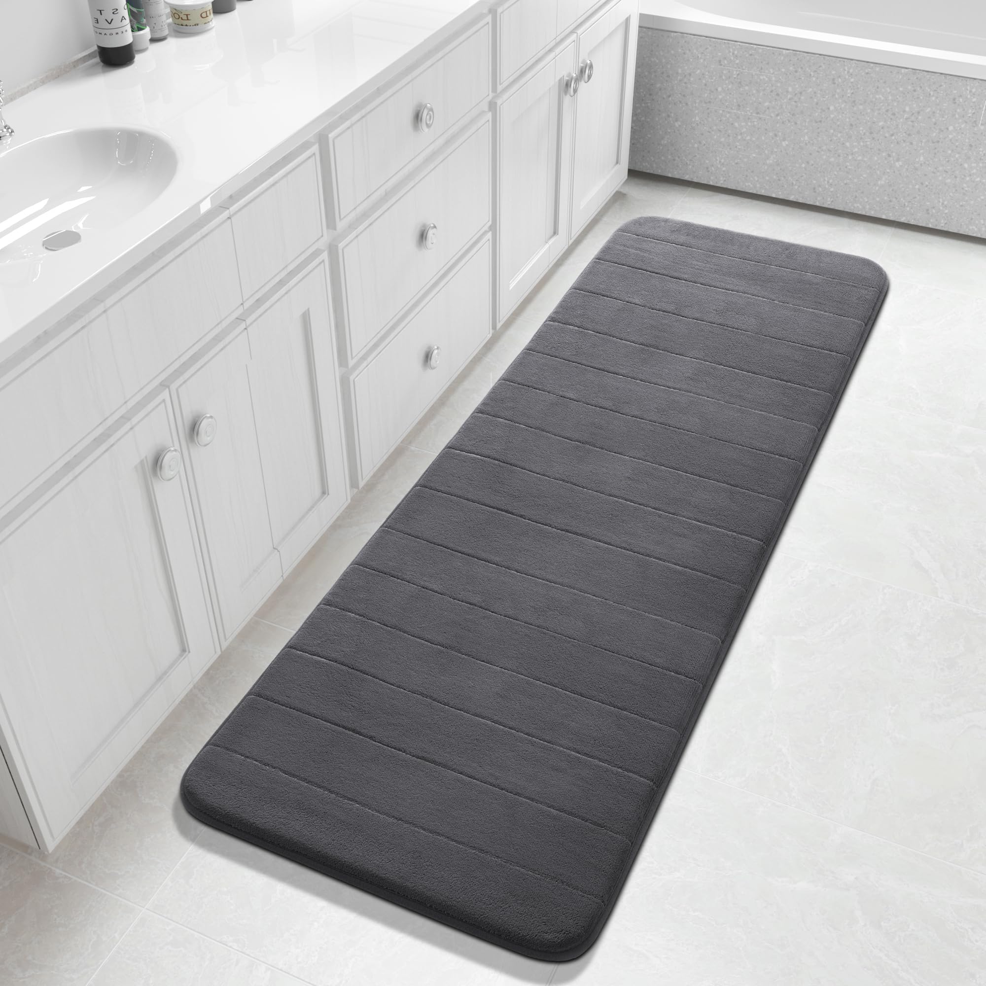 Yimobra Memory Foam Bath Mat, Super Soft Absorbent Bathroom Rug Non Slip, Quick Dry, Machine Washable Floor Carpet for Tub Shower, Home Decor Accessories, 24x17, Grey