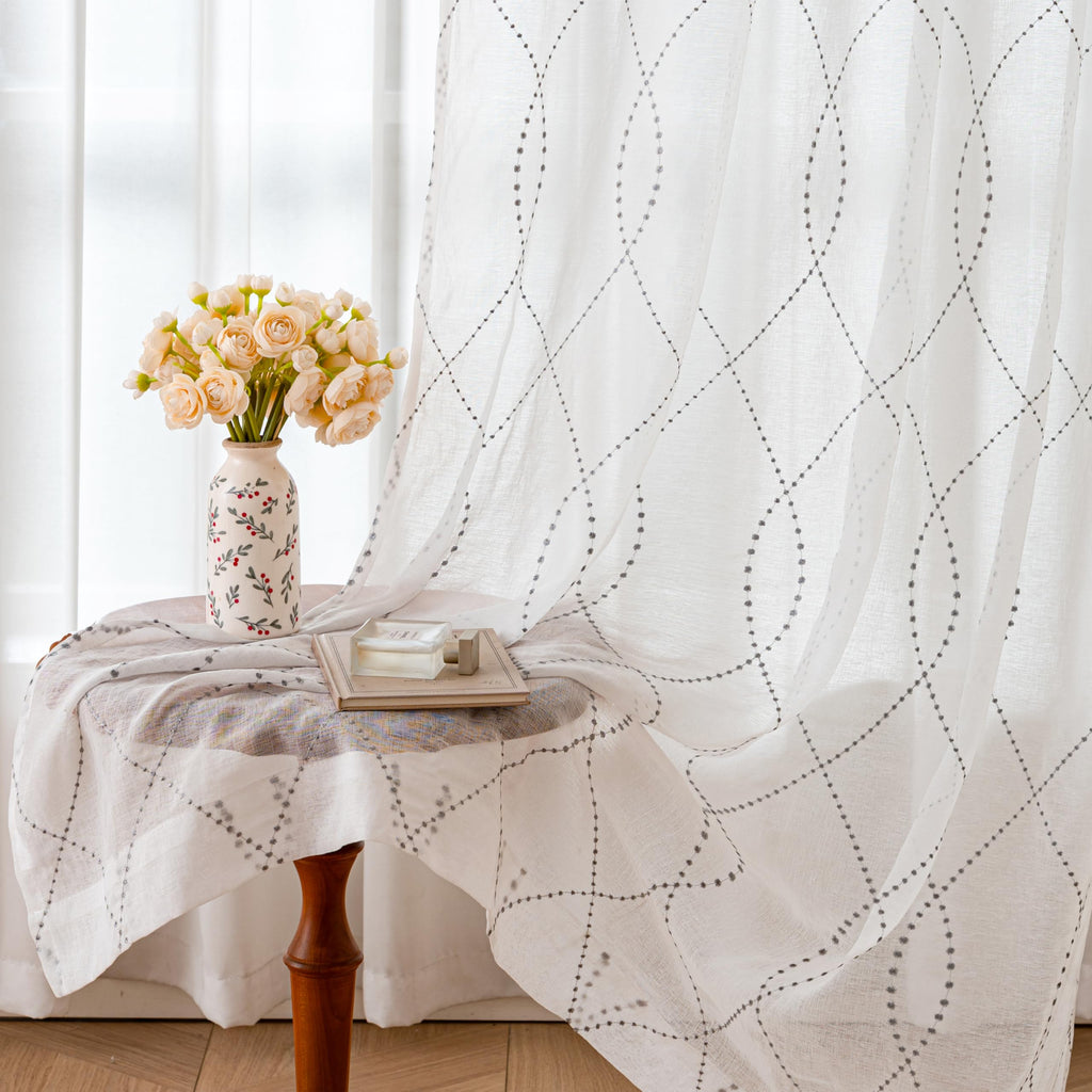 VISIONTEX White Sheer Curtains 84 Inches Long 2 Panels, Light Filtering Grey Moroccan Trellis Embroidered Semi Sheer Voile Drapes, Rod Pocket Textured Window Curtain for Bedroom Living Room 54W x 84L