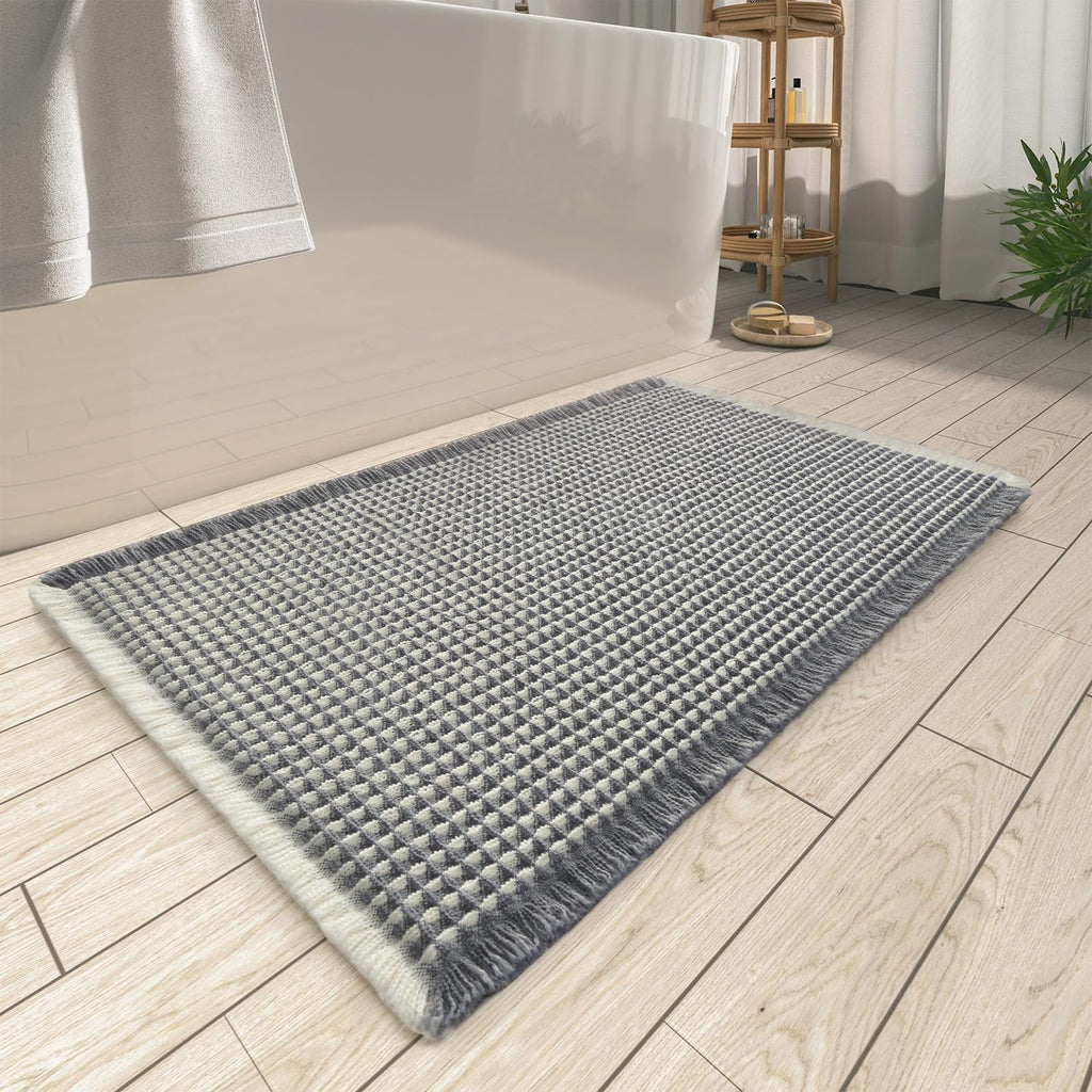 AMOAMI Upgraded Waffle Bath Mat, Super Absorbent Non Slip Bath Mats for Bathroom Floor, Machine Washable Bathroom Rugs with Tassels, Rubber Backed Bathroom Mats, Ultra Soft, 17" x 24", Brown