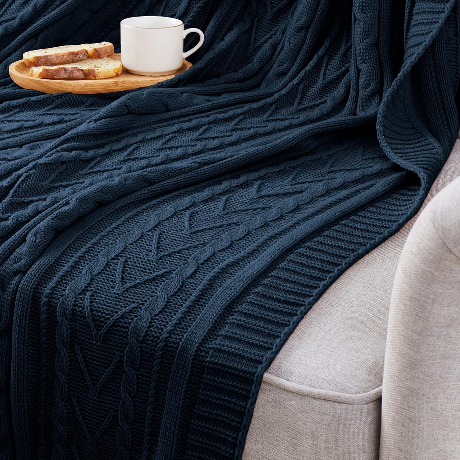 Aormenzy Navy Blue Cable Knit Throw Blanket Queen Size for Bed Couch Sofa, Super Soft Cozy Knitted Blanket 90" x 90" Bed Blankets Full Size