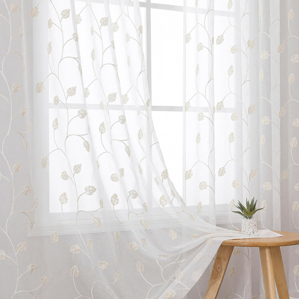 VISIONTEX 2 Panels Sheer Curtains 84 Inches Long, Cream Beige Floral Leaf Embroidered Semi Sheer Voile Curtains, Rod Pocket Light Filtering Window Drapes for Bedroom Living Room 54W x 84L