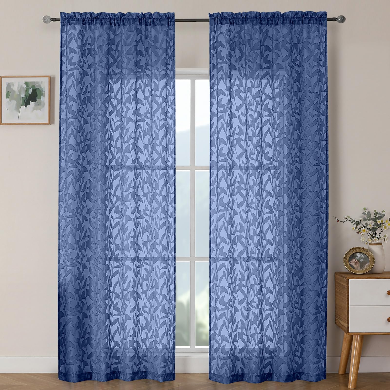 OWENIE Leyna 2 Panels Sage Green Sheer Curtains 63 Inch Length for Bedroom, Soft Lightweight Jacquard Clip Window Curtain for Living Room, Double Rod Pockets Textured Drapes, Each 40Wx63L Inches