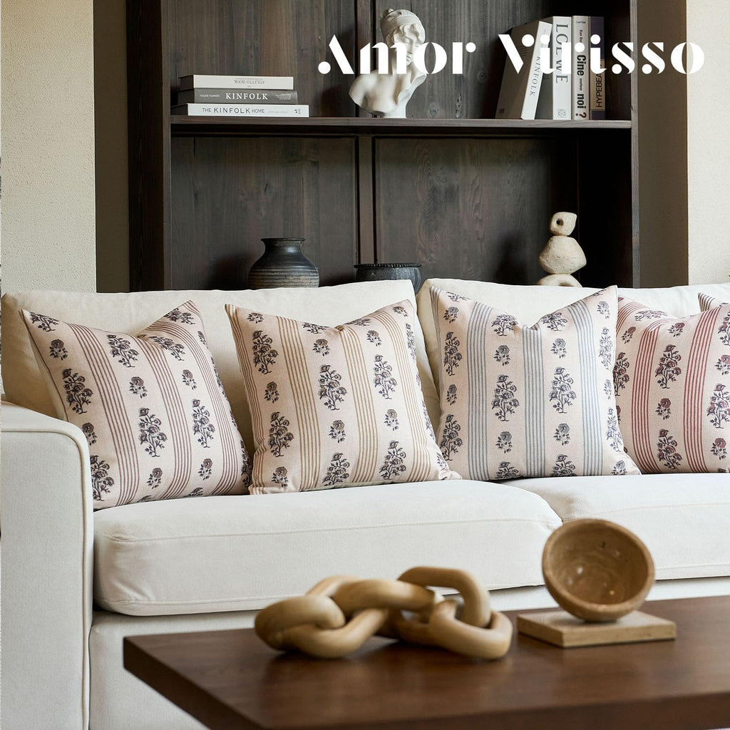 Amor Virisso Farmhouse Floral Throw Pillow Covers 18x18 Set of 2 Block Print Pillow Covers Neutral Boho Floral Striped Decorative Pillow Covers for Sofa Couch Bed, Brown