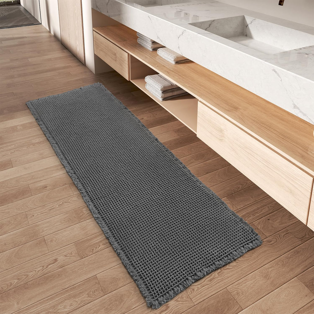 AMOAMI Upgraded Waffle Bath Mat, Super Absorbent Non Slip Bath Mats for Bathroom Floor, Machine Washable Bathroom Rugs with Tassels, Rubber Backed Bathroom Mats, Ultra Soft, 17" x 24", Brown