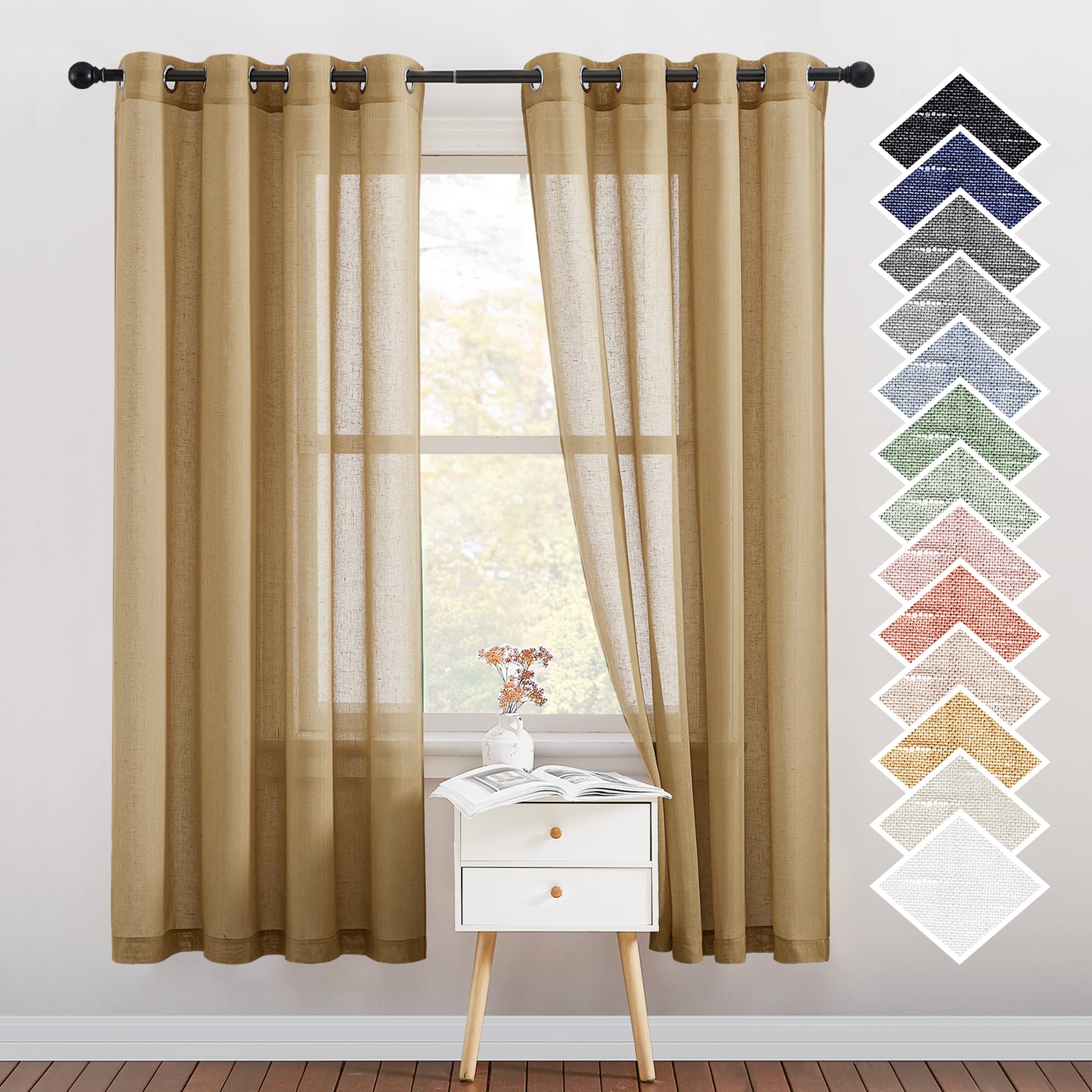 NICETOWN Linen Textured Semi Sheer Curtains 84 inches Length, Eyelet Top Bedroom Window Privacy Translucent Light Filtering Flax Sheer Drapes for Guest Room, 52 inches Wide, 2 Panels, Sea Mist
