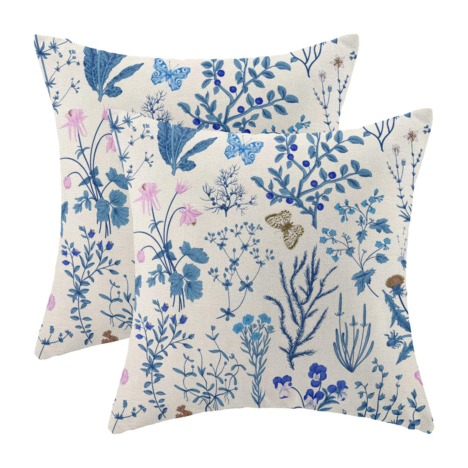 AEIOAE Spring Pillow Covers 18x18 Inch Set of 2,Sage Green Wild Flower Plant Throw Pillows Case,Seasonal Floral Outdoor Decorative Square Linen Farmhouse Decor Cushion Covers for Home Sofa Bed Couch