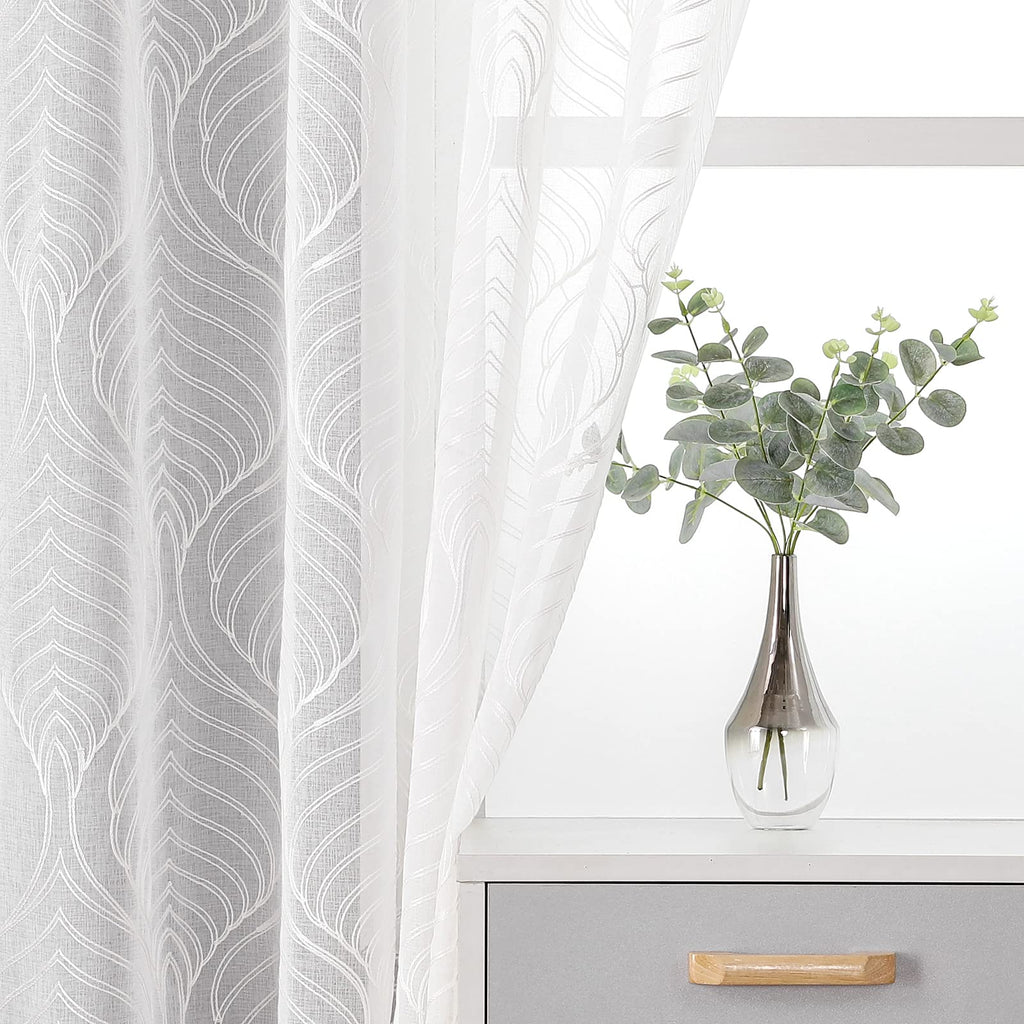 VISIONTEX White Sheer Curtains 84 Inches Long 2 Panels, Light Filtering Grey Moroccan Trellis Embroidered Semi Sheer Voile Drapes, Rod Pocket Textured Window Curtain for Bedroom Living Room 54W x 84L