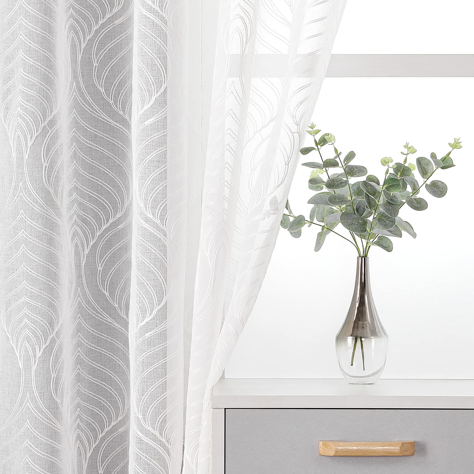 VISIONTEX White Sheer Curtains 84 Inches Long 2 Panels, Light Filtering Grey Moroccan Trellis Embroidered Semi Sheer Voile Drapes, Rod Pocket Textured Window Curtain for Bedroom Living Room 54W x 84L