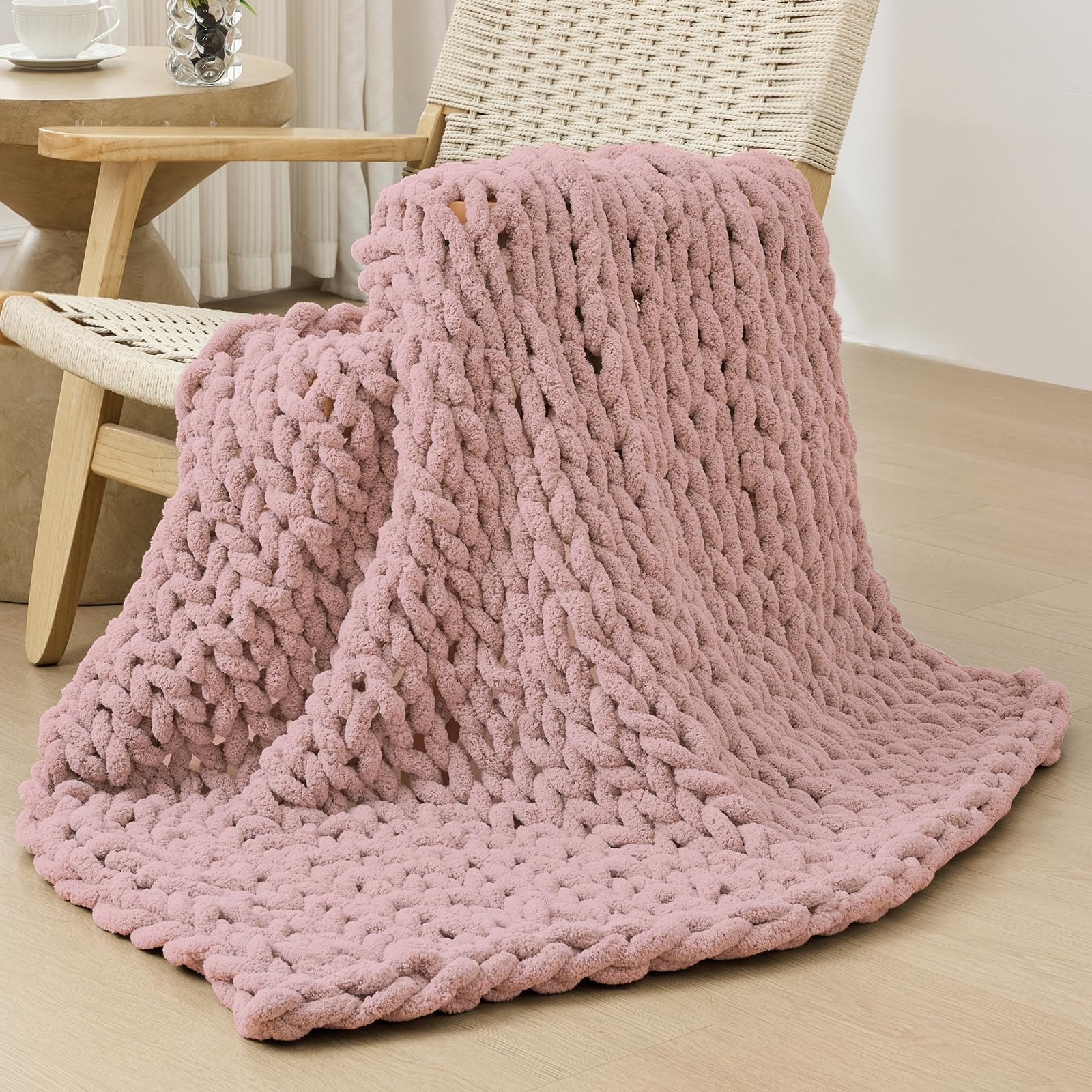 Bigacogo Chunky Knit Throw Blanket for Couch, 40x40 inches, 100% Hand Knitted with Thick Jumbo Chenille Yarn, Cozy Soft Large Rope Knot Cable Crochet Blankets for Sofa Bed Living Room, Dusty Blue