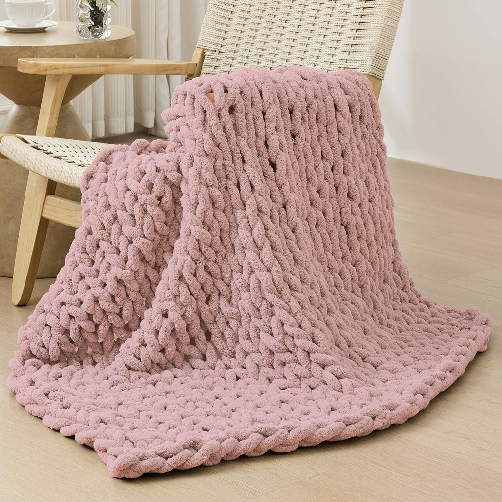 Bigacogo Chunky Knit Throw Blanket for Couch, 40x60 inches, 100% Hand Knitted with Thick Jumbo Chenille Yarn, Cozy Soft Large Rope Knot Cable Crochet Blankets for Sofa Bed Living Room, Beige