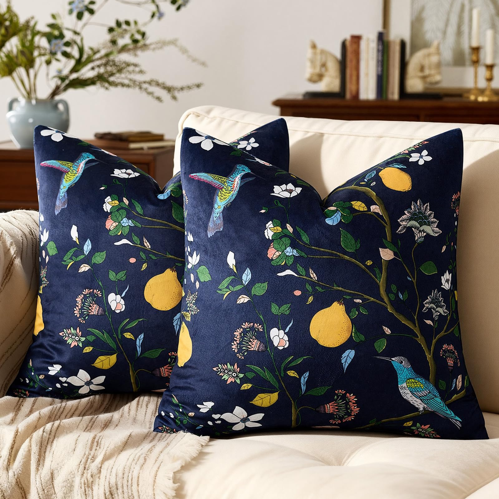 Mustard Yellow Floral Pillow Covers 18x18 Set of 2, Velvet Wild Flower Plant Throw Pillows Case, Square Farmhouse Decor Cushion Covers for Home Sofa Bed Couch