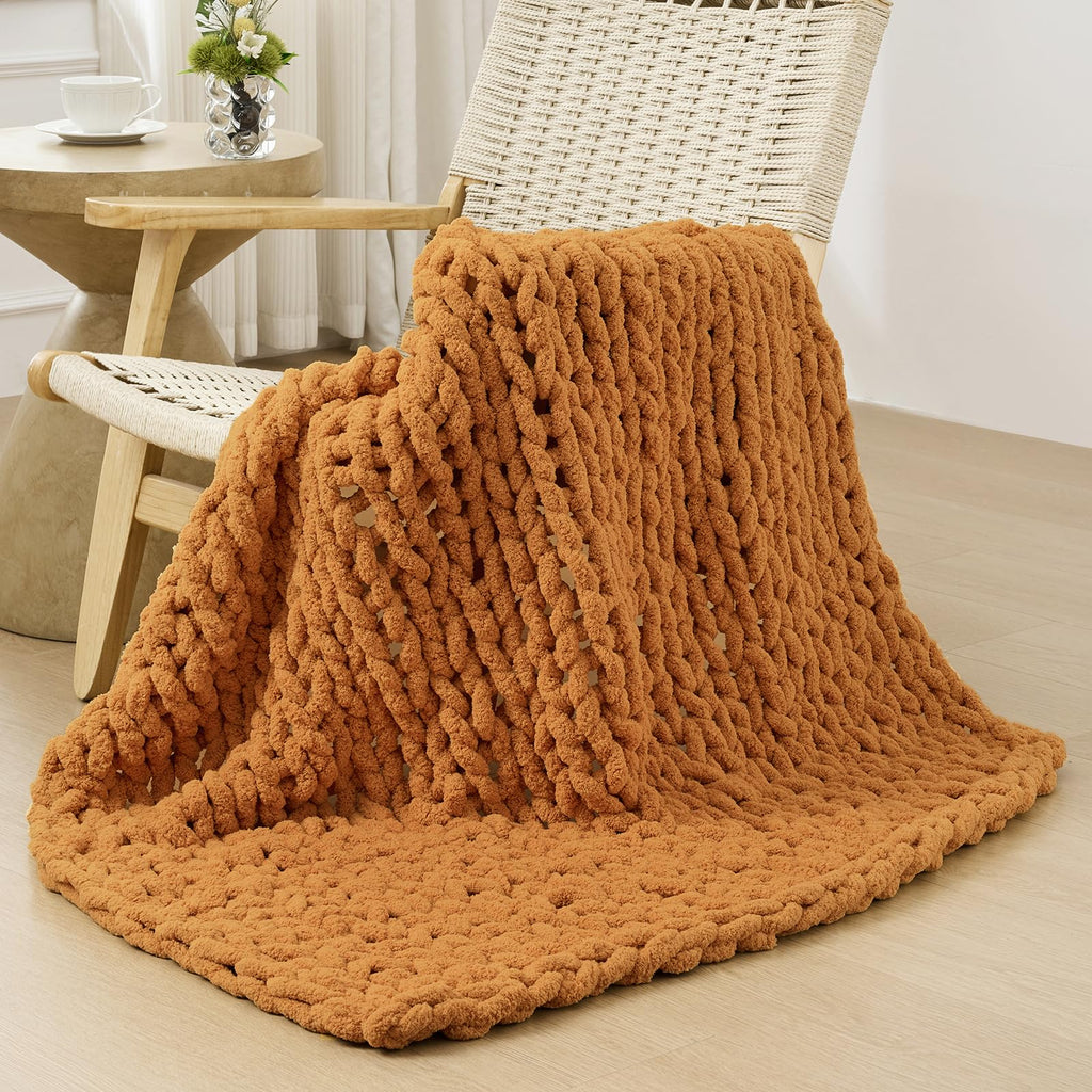 Bigacogo Chunky Knit Throw Blanket for Couch, 40x40 inches, 100% Hand Knitted with Thick Jumbo Chenille Yarn, Cozy Soft Large Rope Knot Cable Crochet Blankets for Sofa Bed Living Room, Dusty Blue