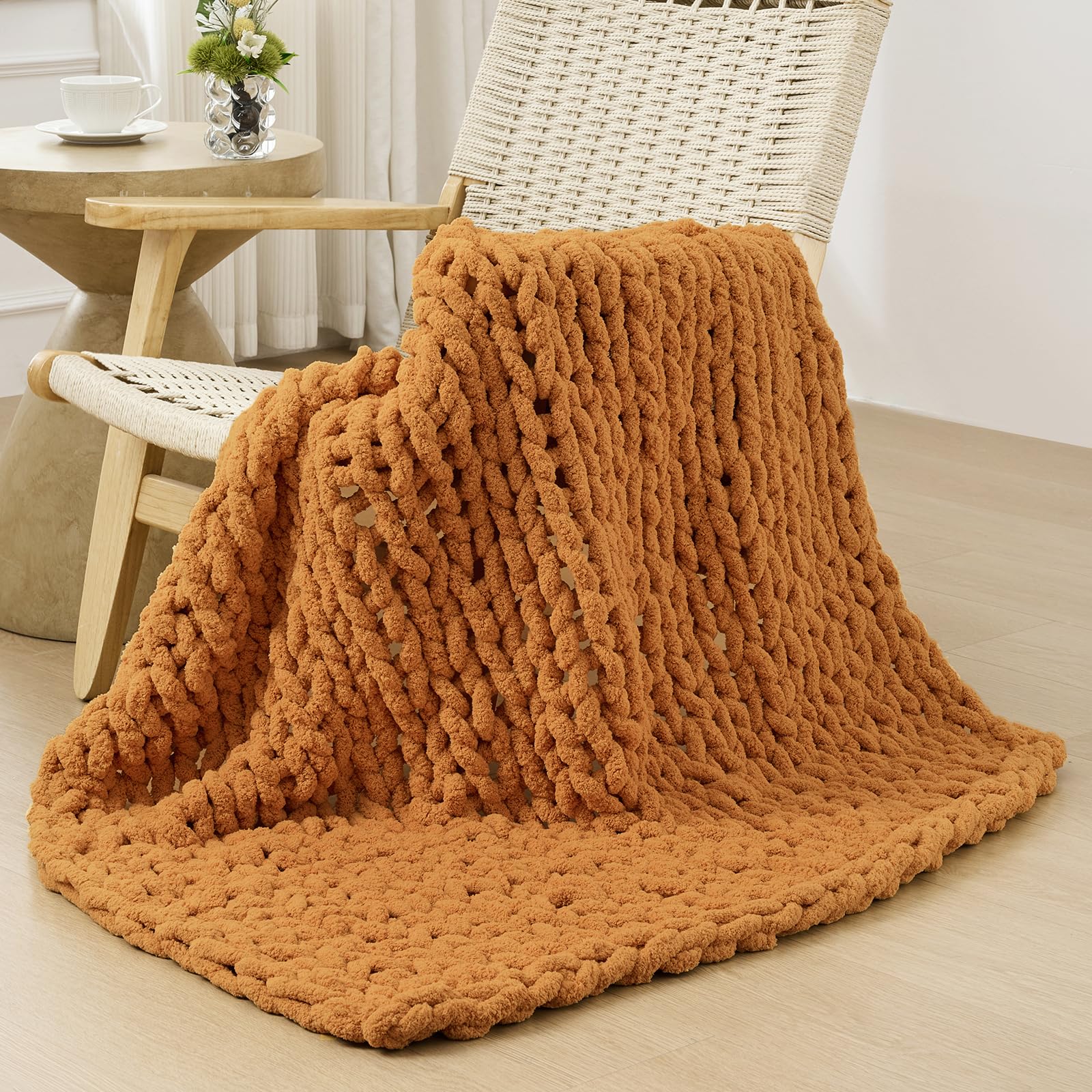 Bigacogo Chunky Knit Throw Blanket for Couch, 40x40 inches, 100% Hand Knitted with Thick Jumbo Chenille Yarn, Cozy Soft Large Rope Knot Cable Crochet Blankets for Sofa Bed Living Room, Dusty Blue