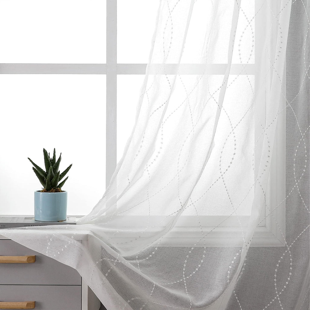 VISIONTEX White Sheer Curtains 84 Inches Long 2 Panels, Light Filtering Grey Moroccan Trellis Embroidered Semi Sheer Voile Drapes, Rod Pocket Textured Window Curtain for Bedroom Living Room 54W x 84L