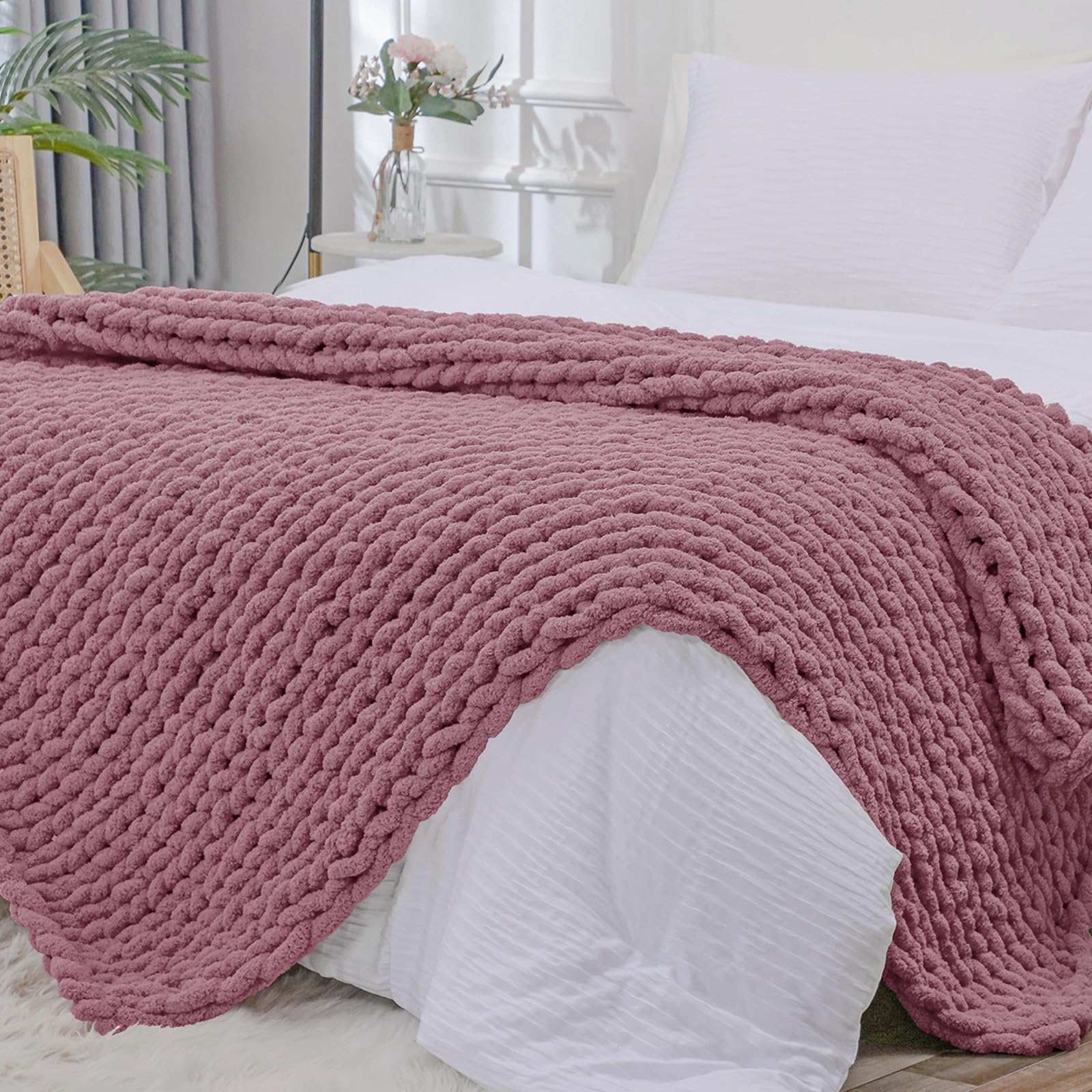 Bigacogo Chunky Knit Throw Blanket for Couch, 40x40 inches, 100% Hand Knitted with Thick Jumbo Chenille Yarn, Cozy Soft Large Rope Knot Cable Crochet Blankets for Sofa Bed Living Room, Dusty Blue