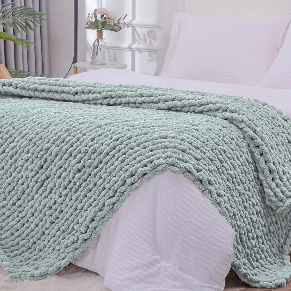 Bigacogo Chunky Knit Throw Blanket for Couch, 40x40 inches, 100% Hand Knitted with Thick Jumbo Chenille Yarn, Cozy Soft Large Rope Knot Cable Crochet Blankets for Sofa Bed Living Room, Dusty Blue
